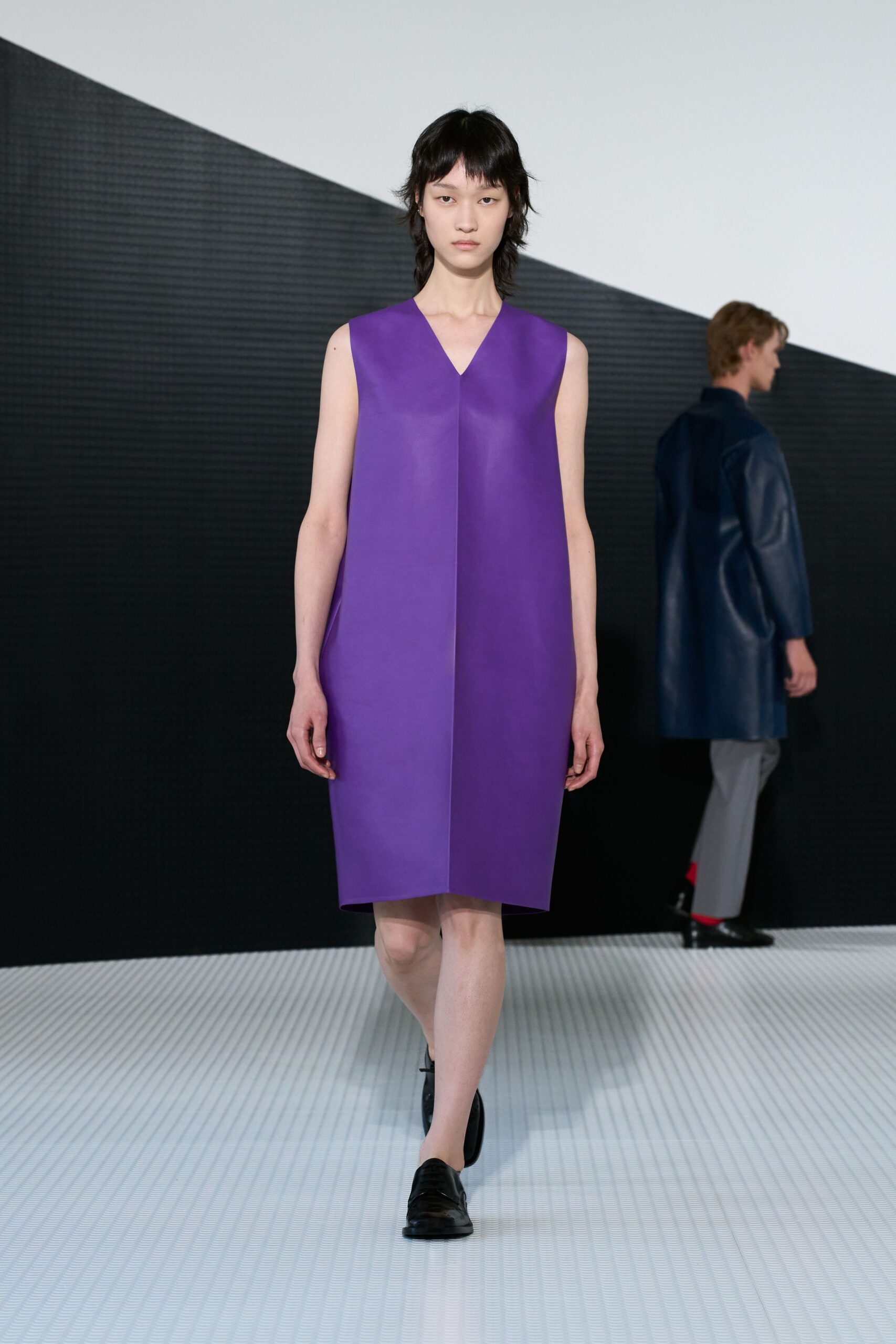 purple vinyl sleeveless v-neck fitted straight-leg mini dress