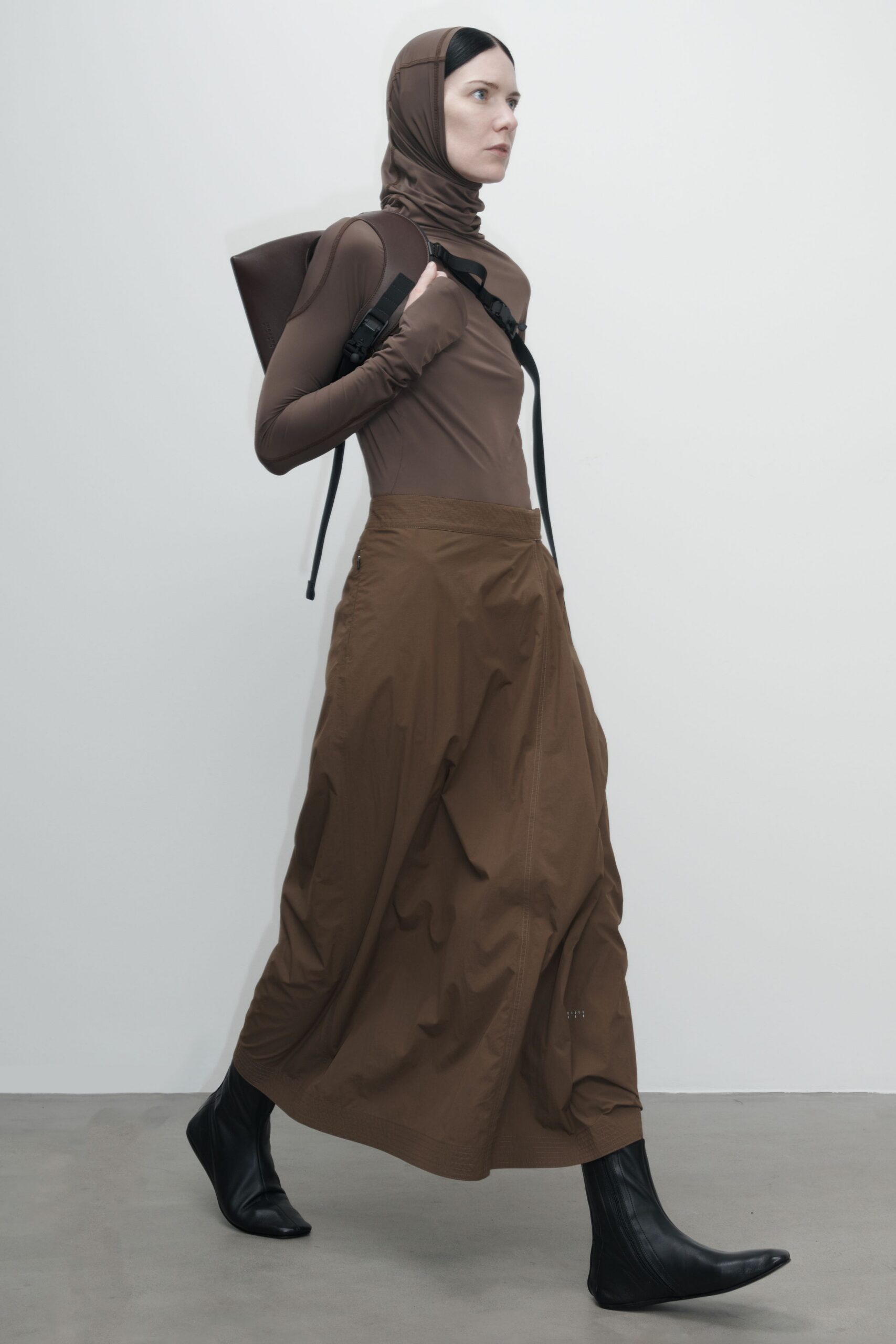 brown fitted top with maxi skirt
