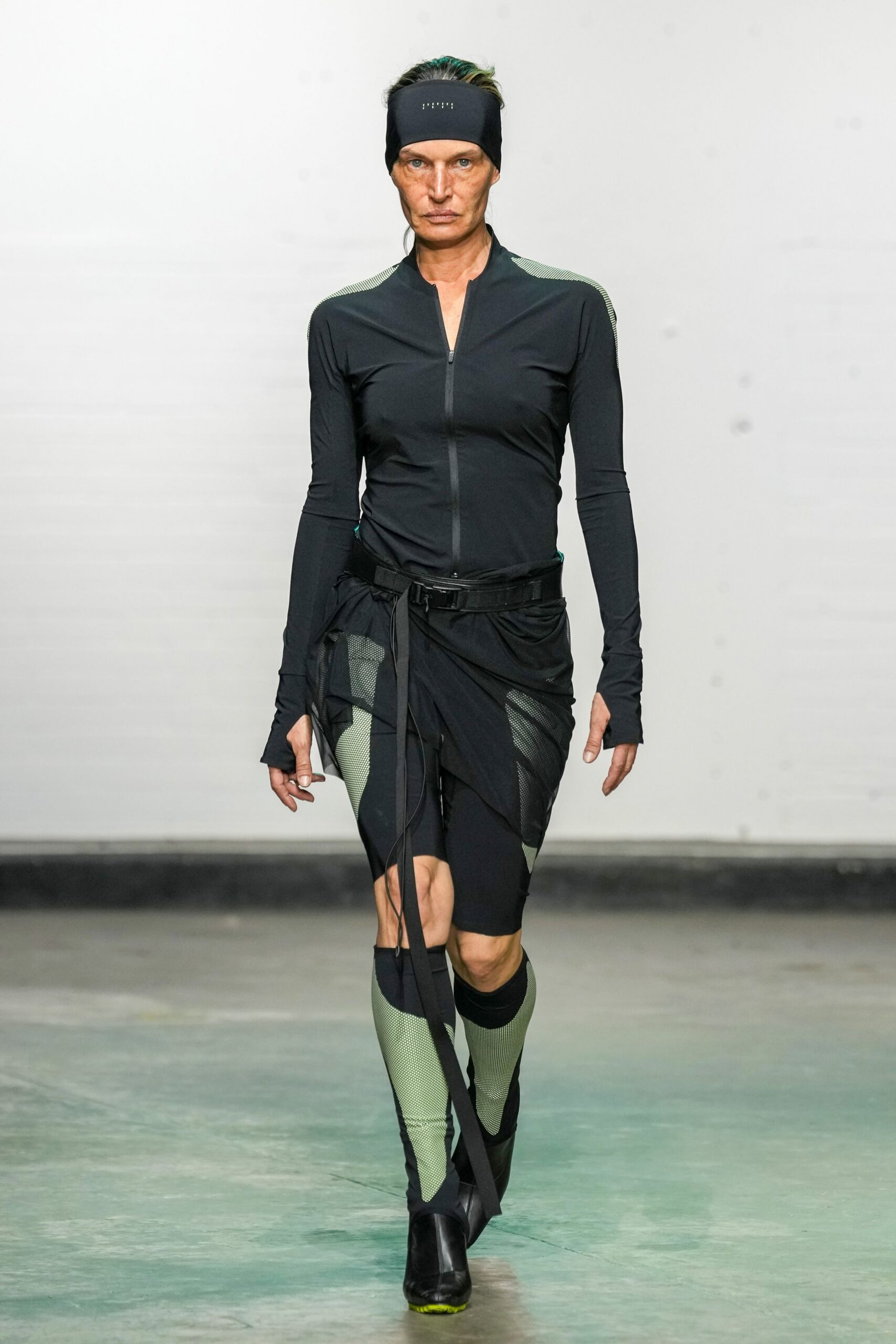 black neoprene long-sleeve collared fitted zippered layered jumpsuit