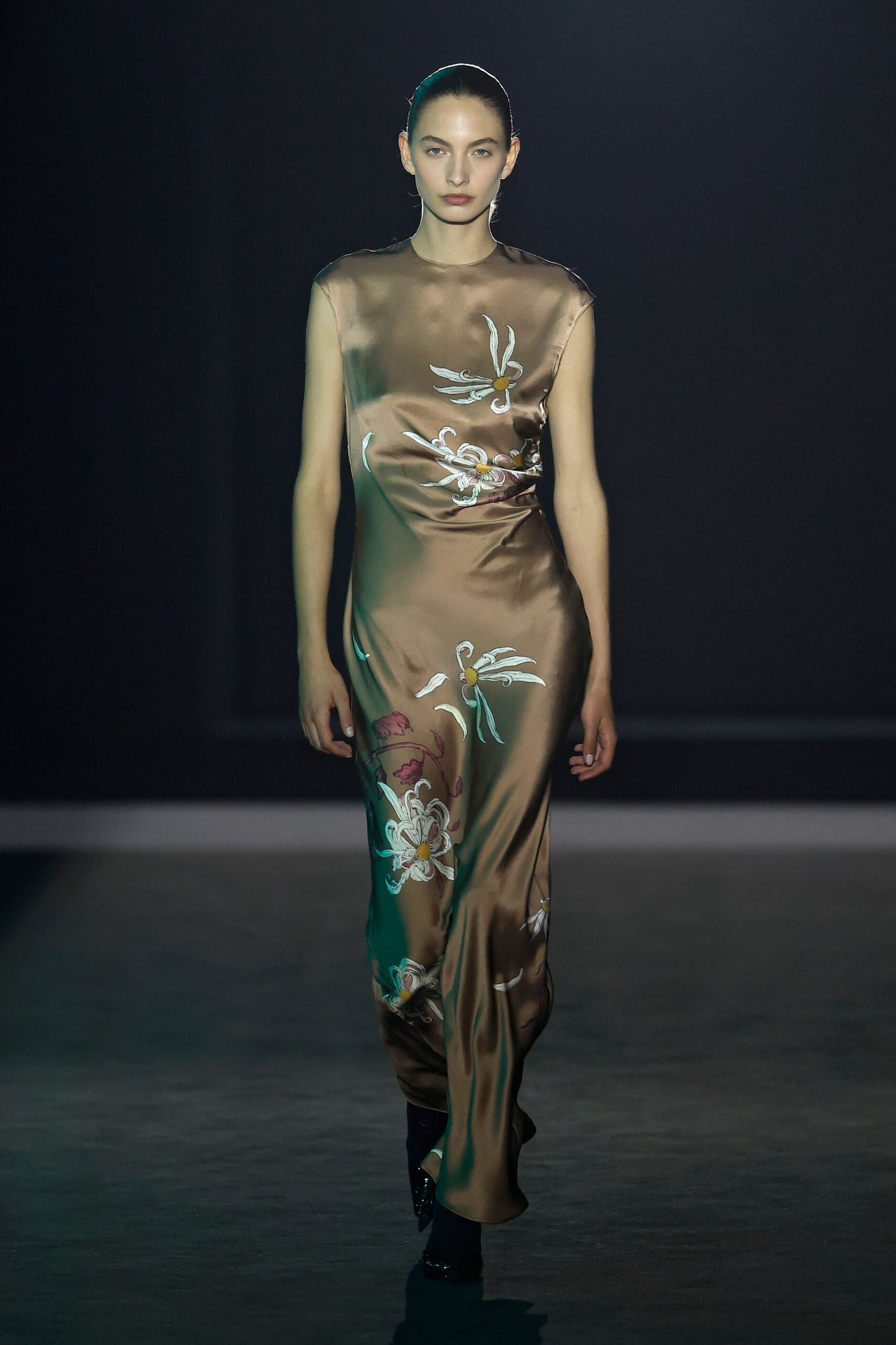brown silk sleeveless gown