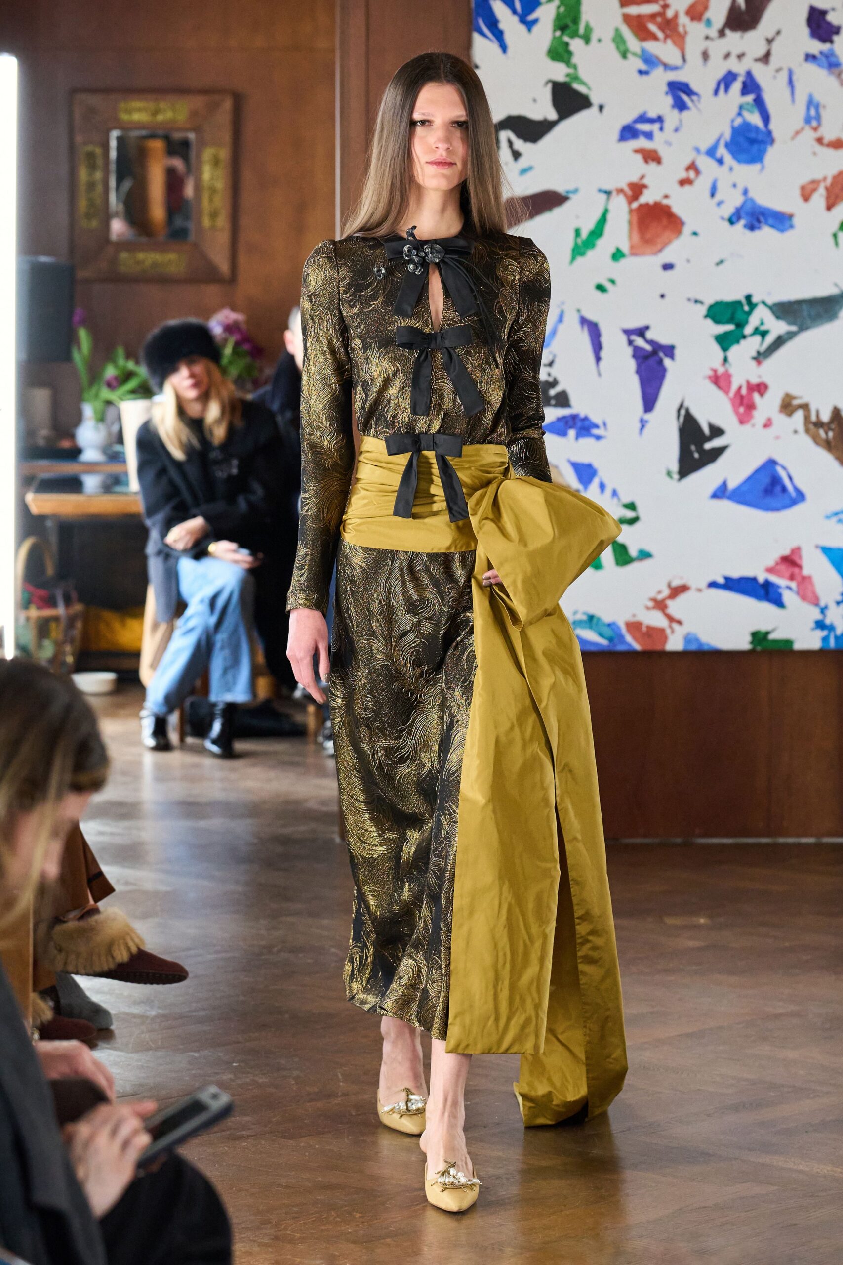 gold silk long-sleeve v-neck fitted pleated belted dress