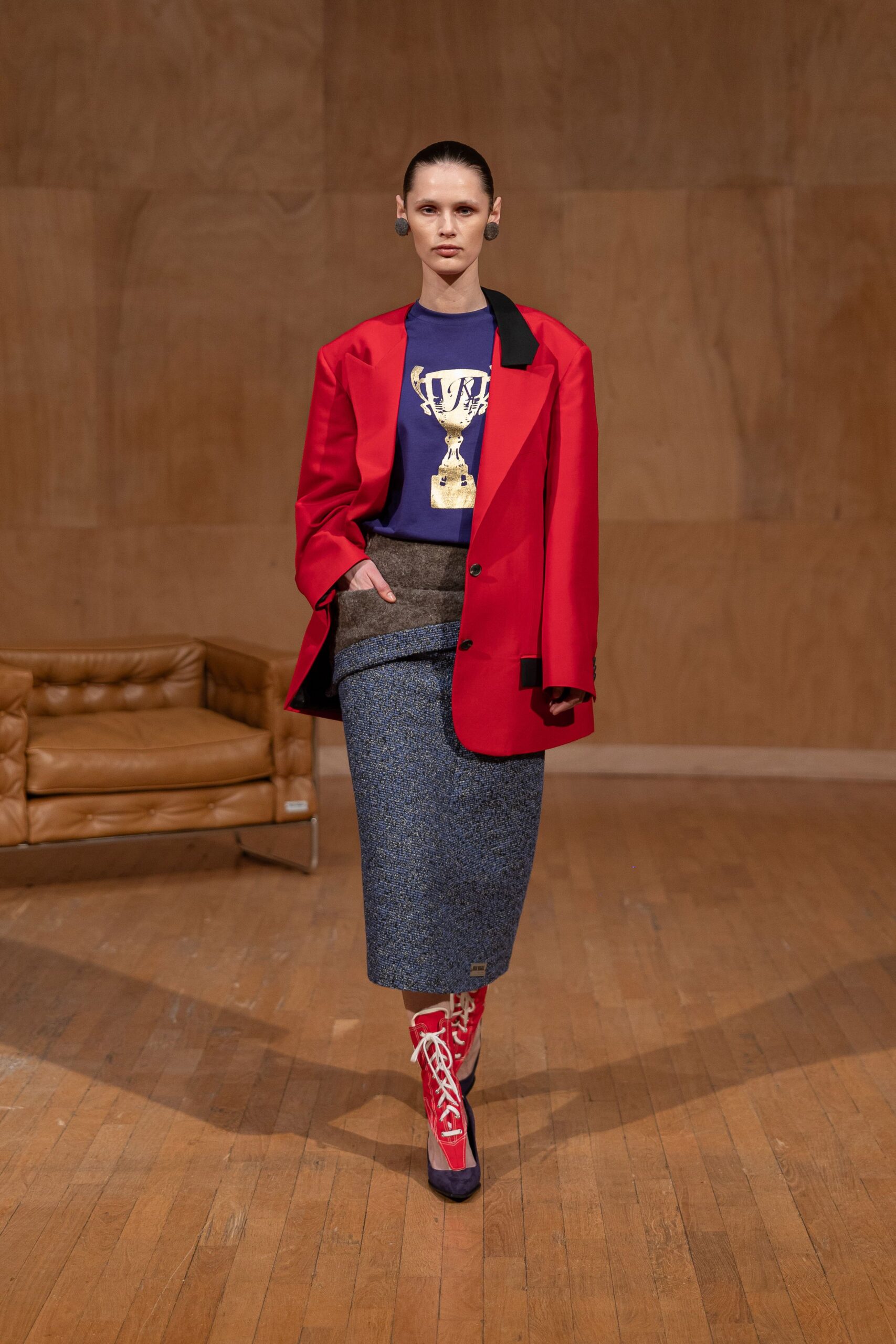 red oversized blazer with purple t-shirt