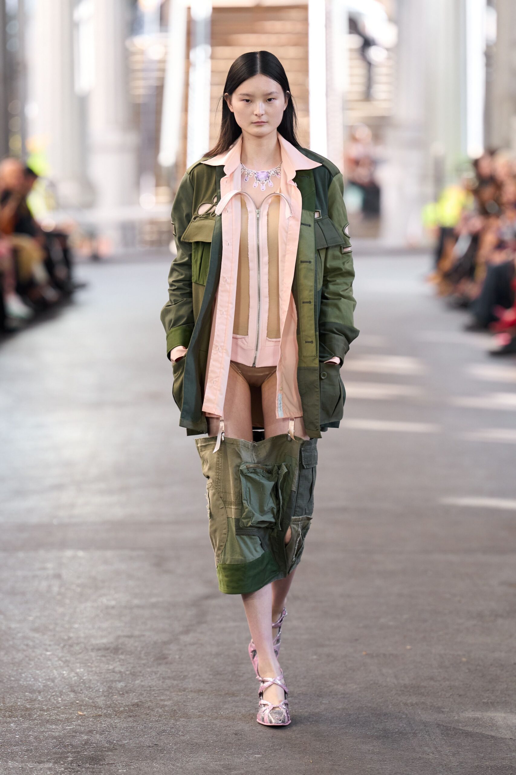 green coat pink shirt cargo skirt