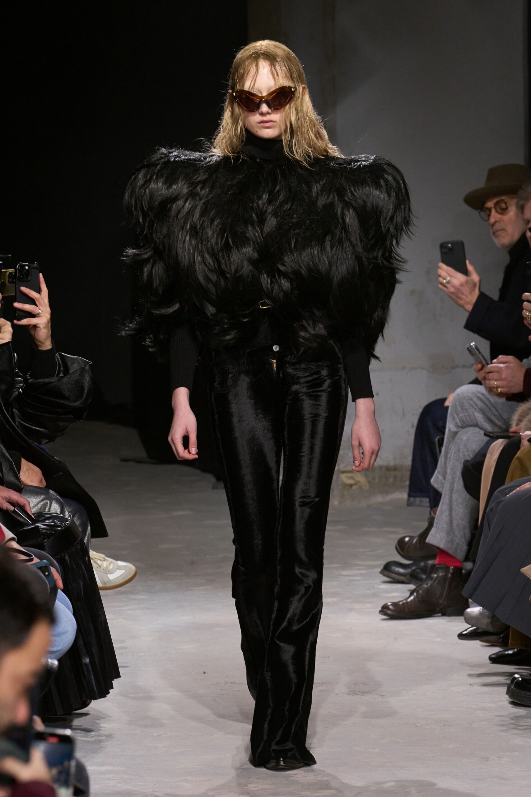 black fur top with velvet pants