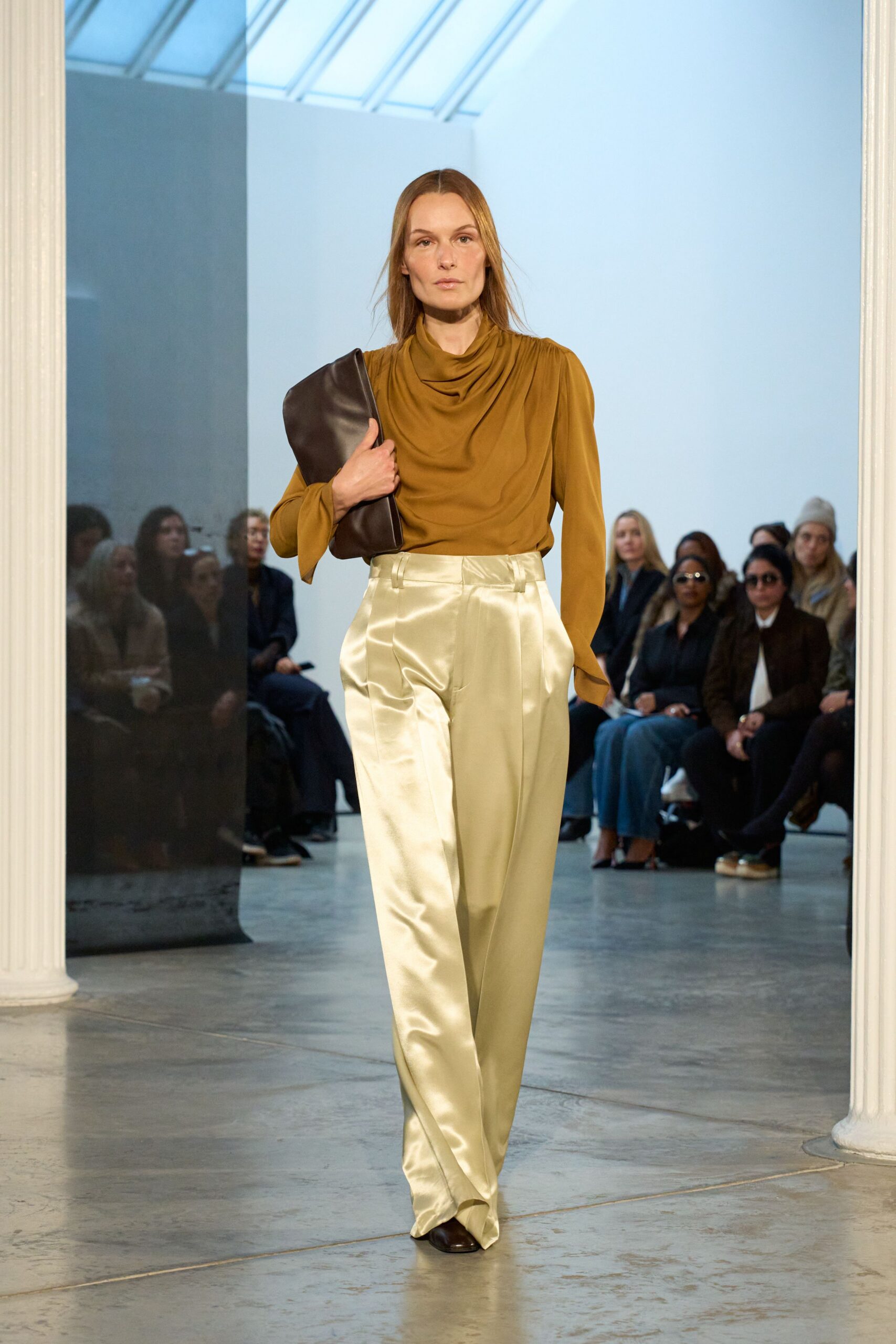 beige satin fitted straight-leg shiny pants