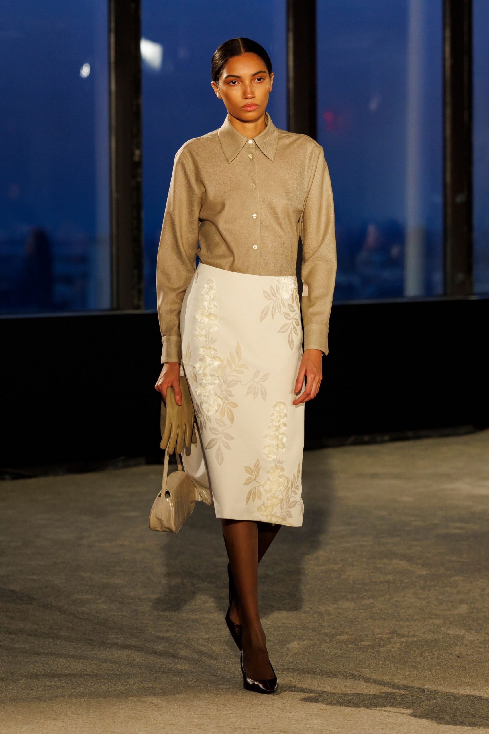 beige shirt white embroidered skirt