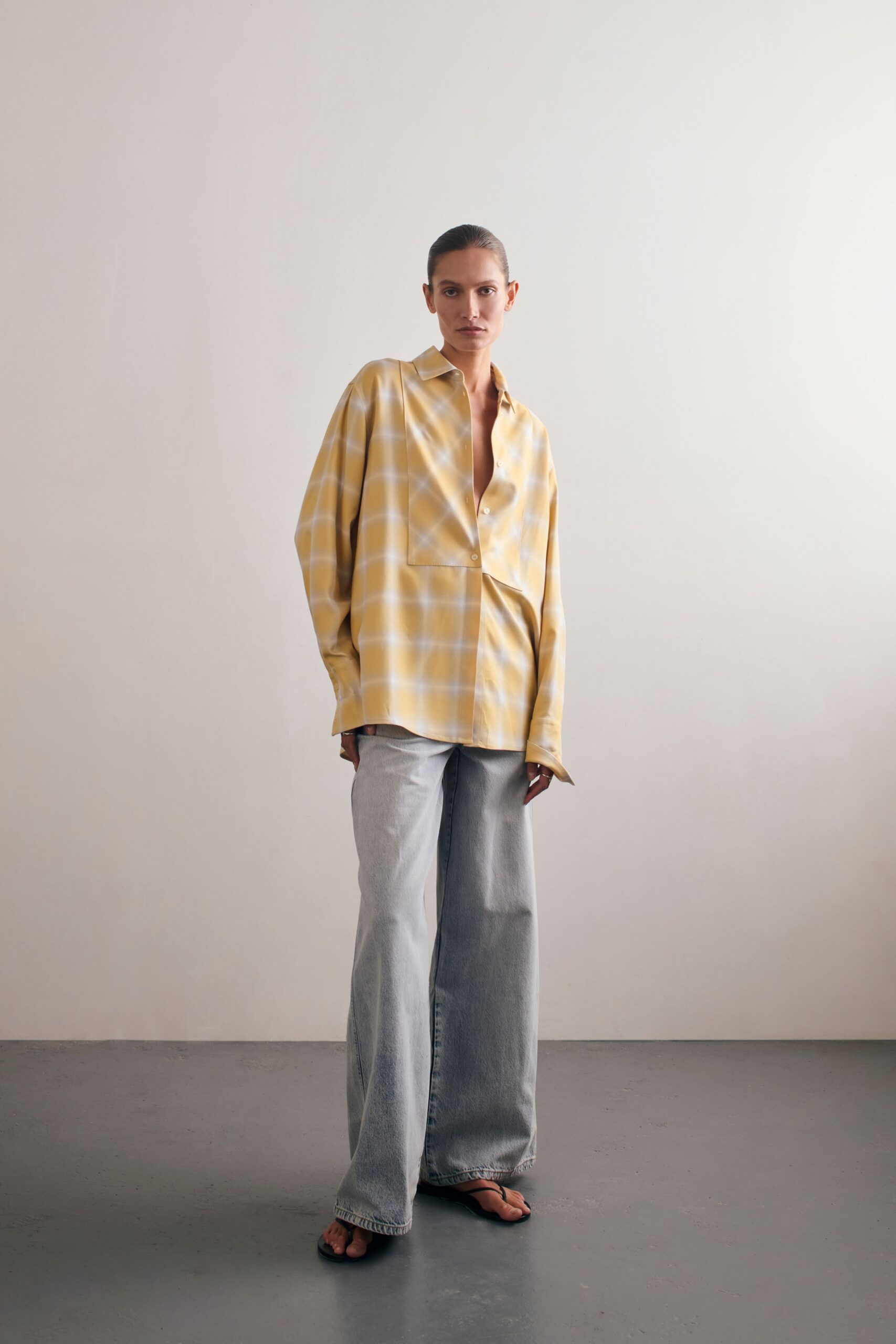 yellow cotton long-sleeve collared relaxed checked shirt