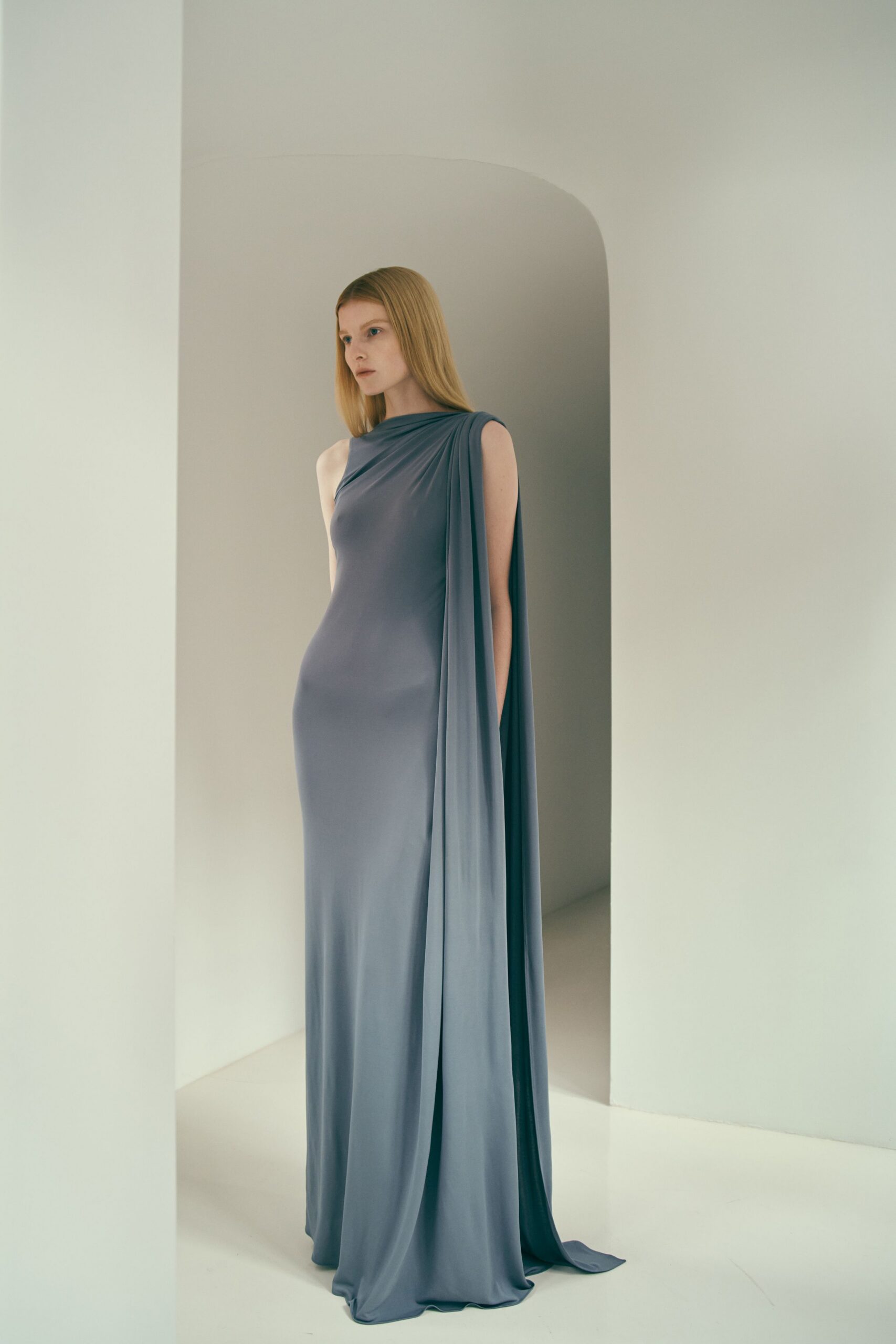 gray silk sleeveless gown