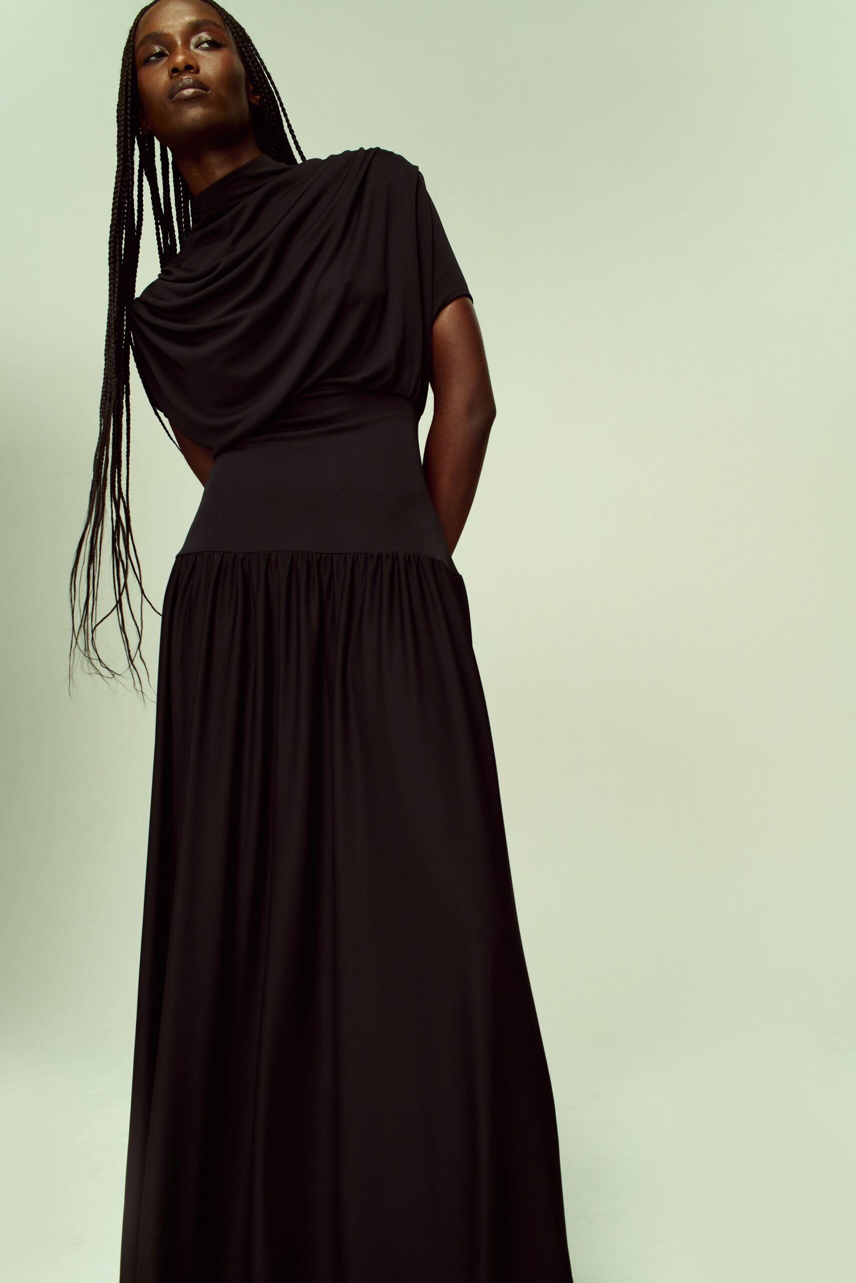 black draped short-sleeve gown