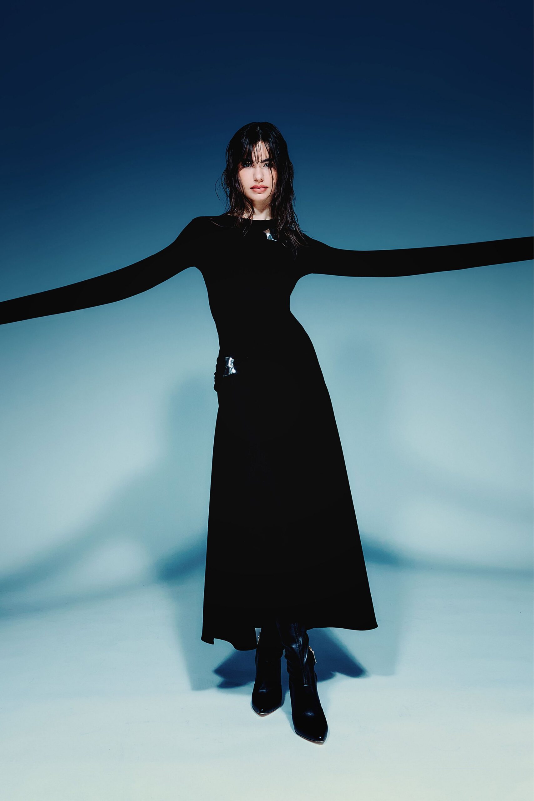 black cotton long-sleeve high-neck fitted straight-leg maxi dress