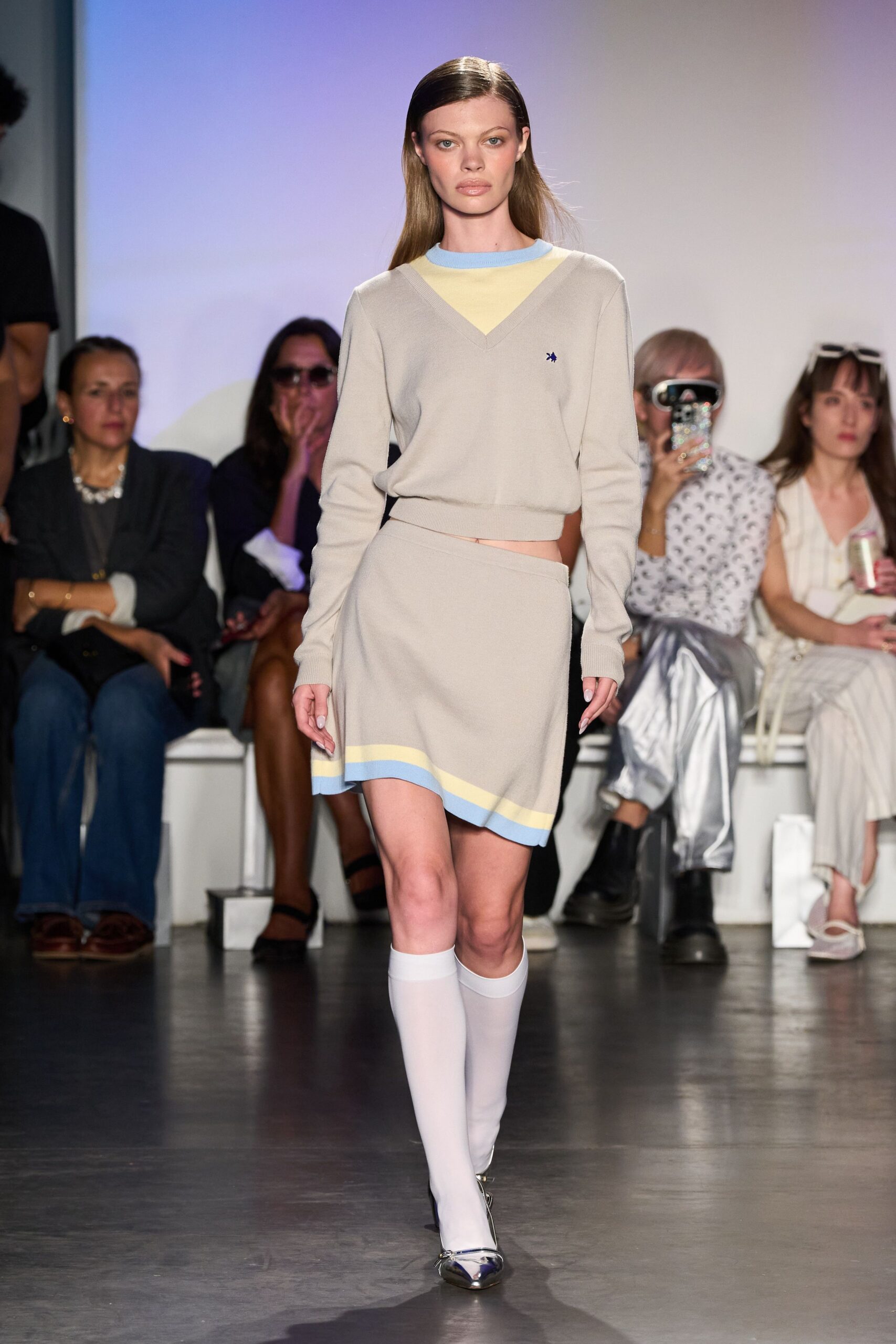 gray fitted top and mini skirt