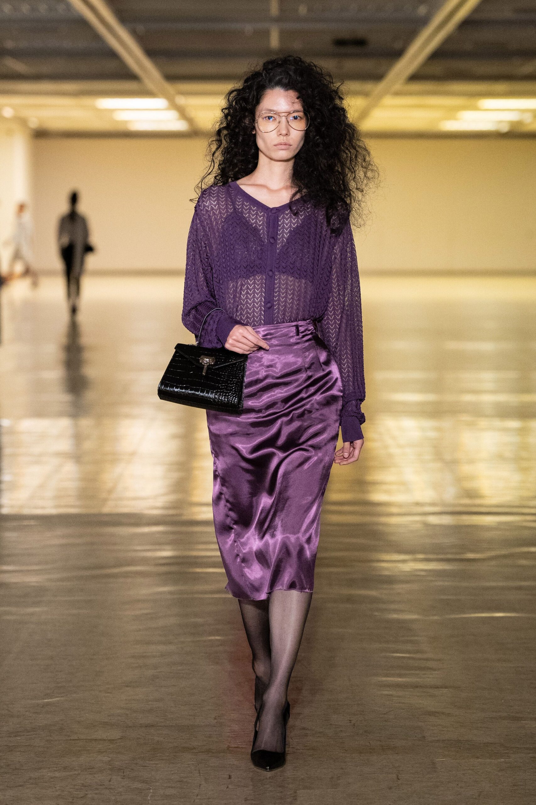 purple silk fitted pencil midi skirt