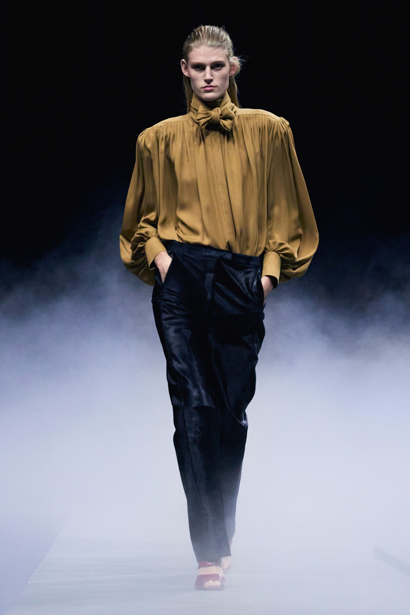 gold silk long-sleeve collared relaxed pleated blouse