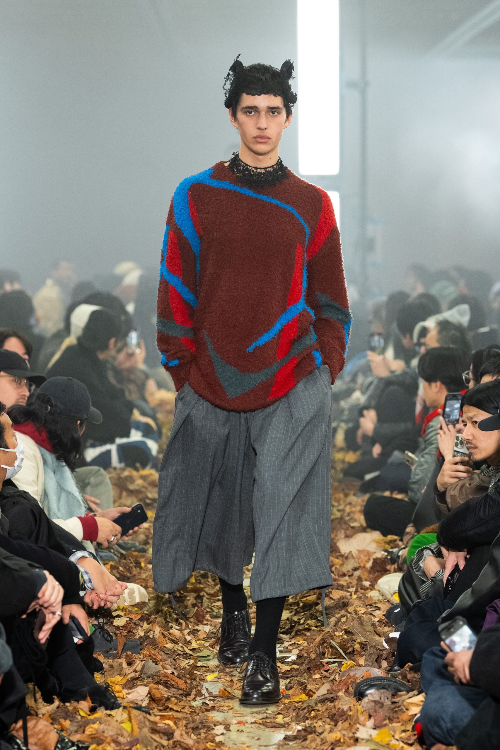 red wool long-sleeve collared relaxed color-blocked sweater