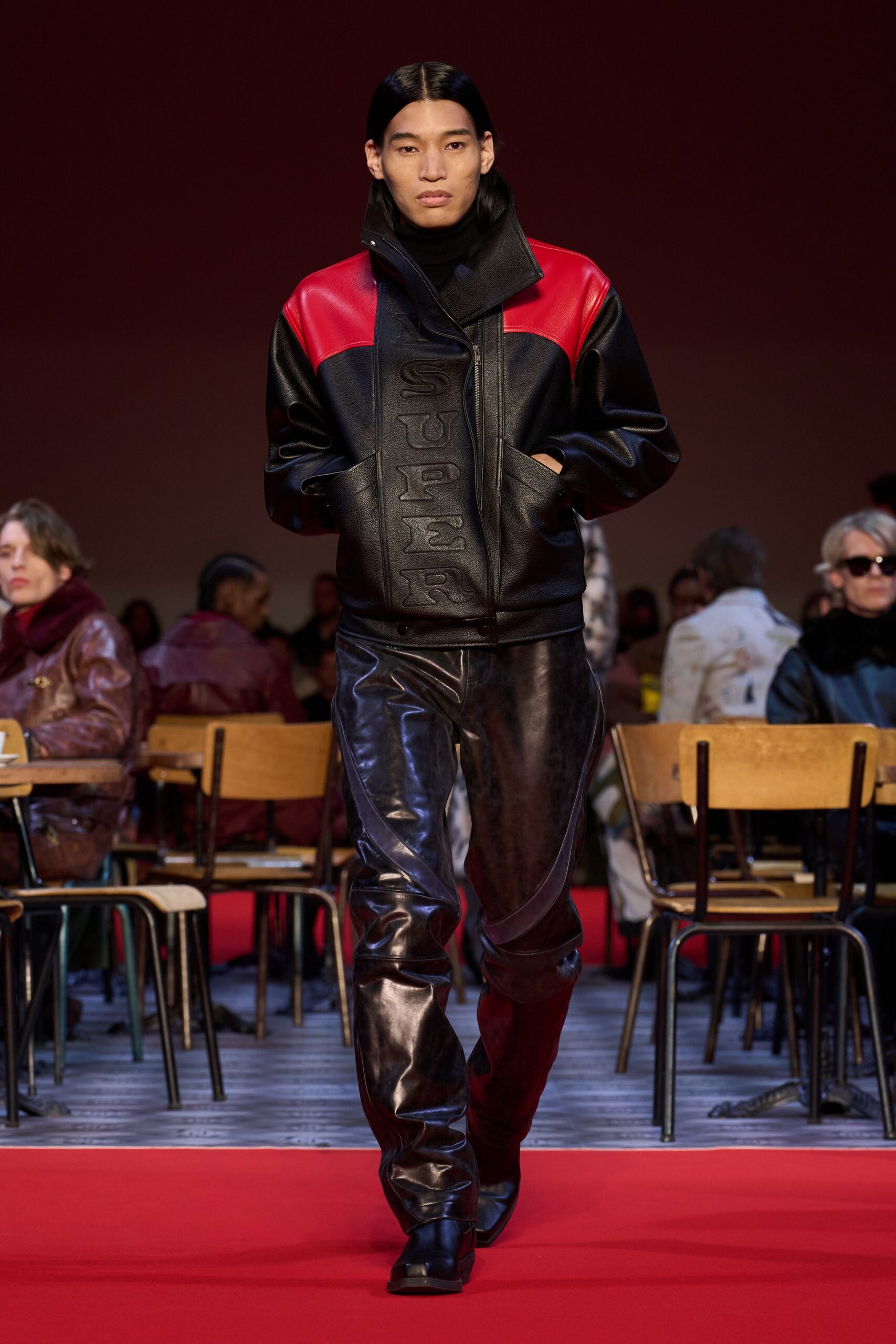 black and red leather jacket with pants