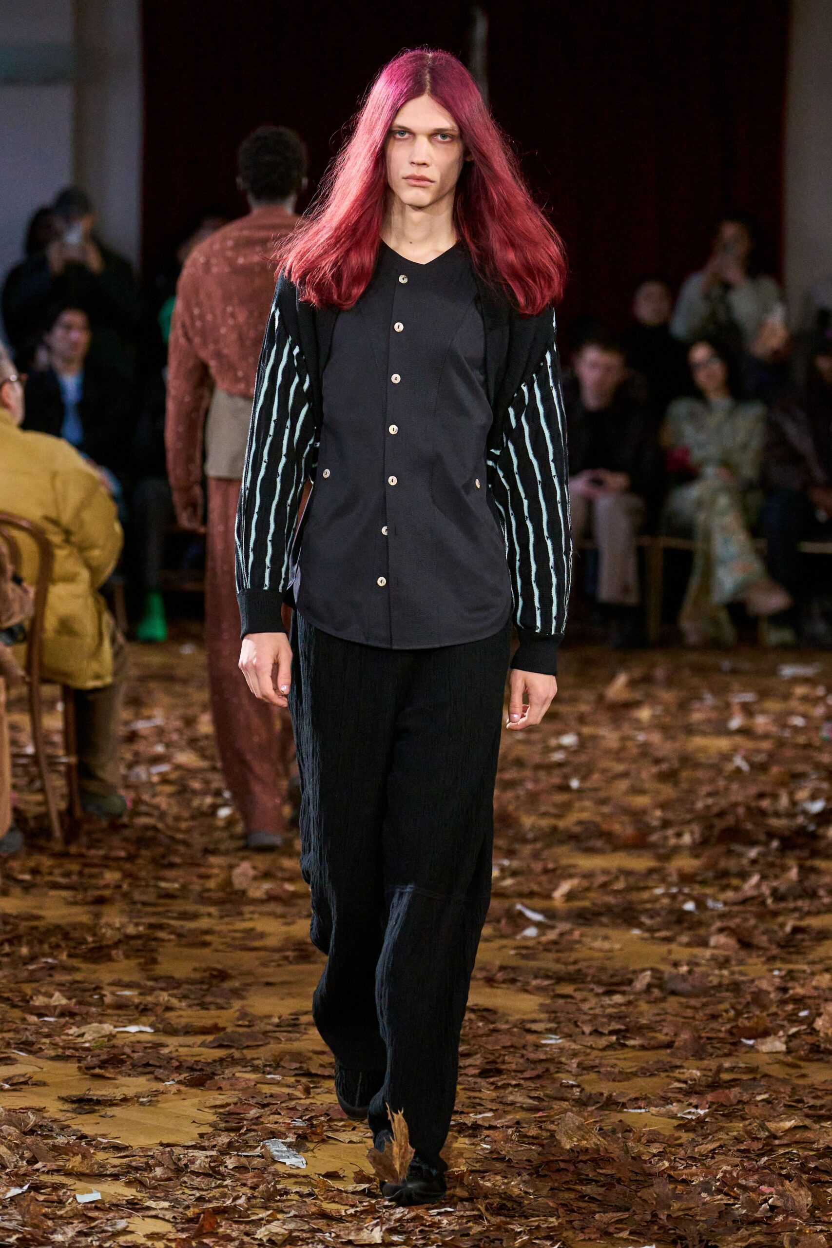 black fitted shirt and relaxed pants