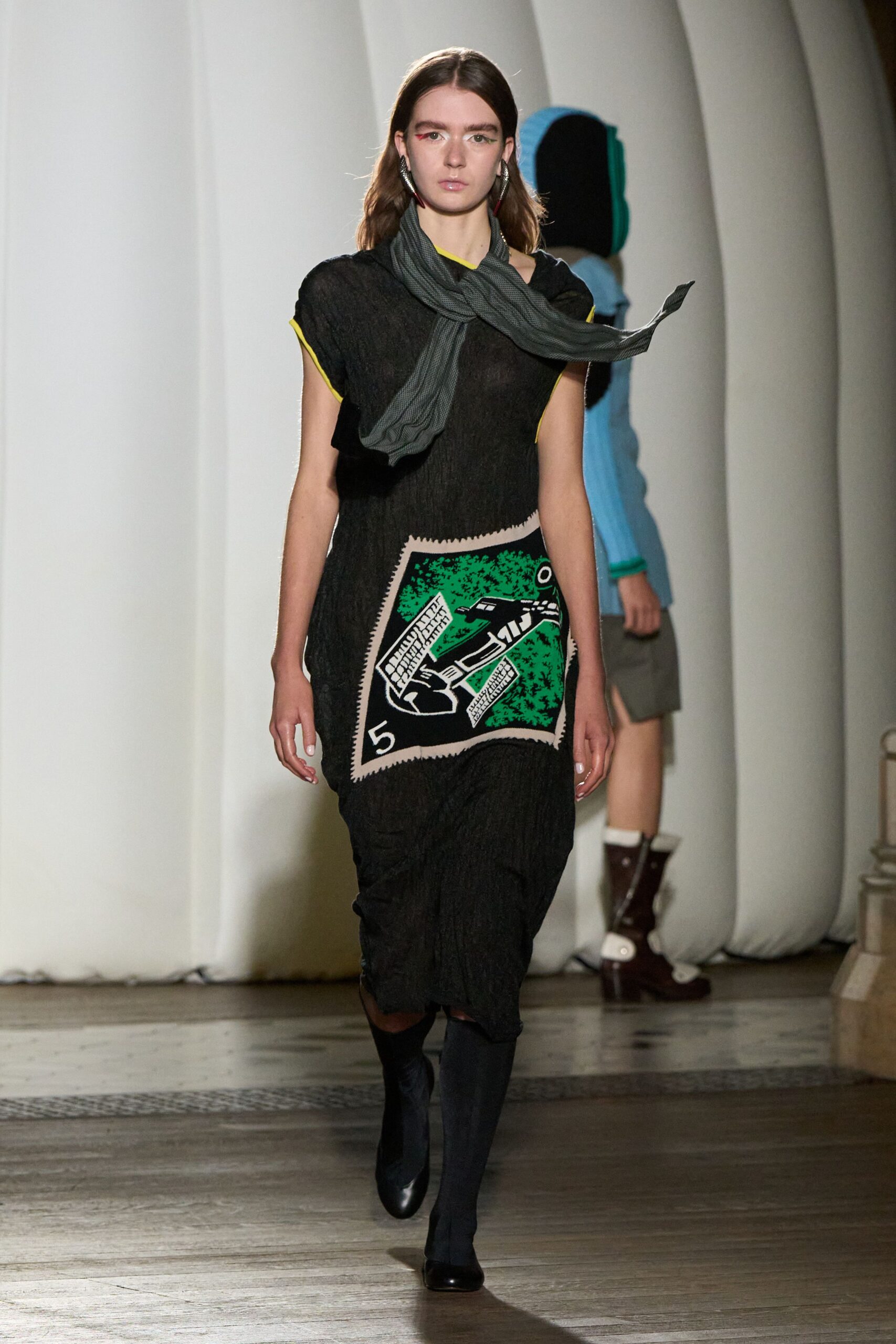 black midi dress with printed detail