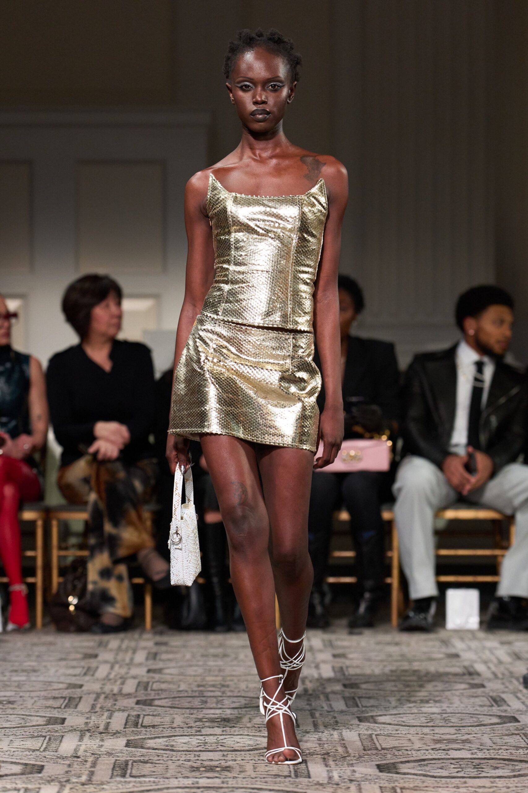 gold metallic sleeveless square-neck fitted shiny cropped top