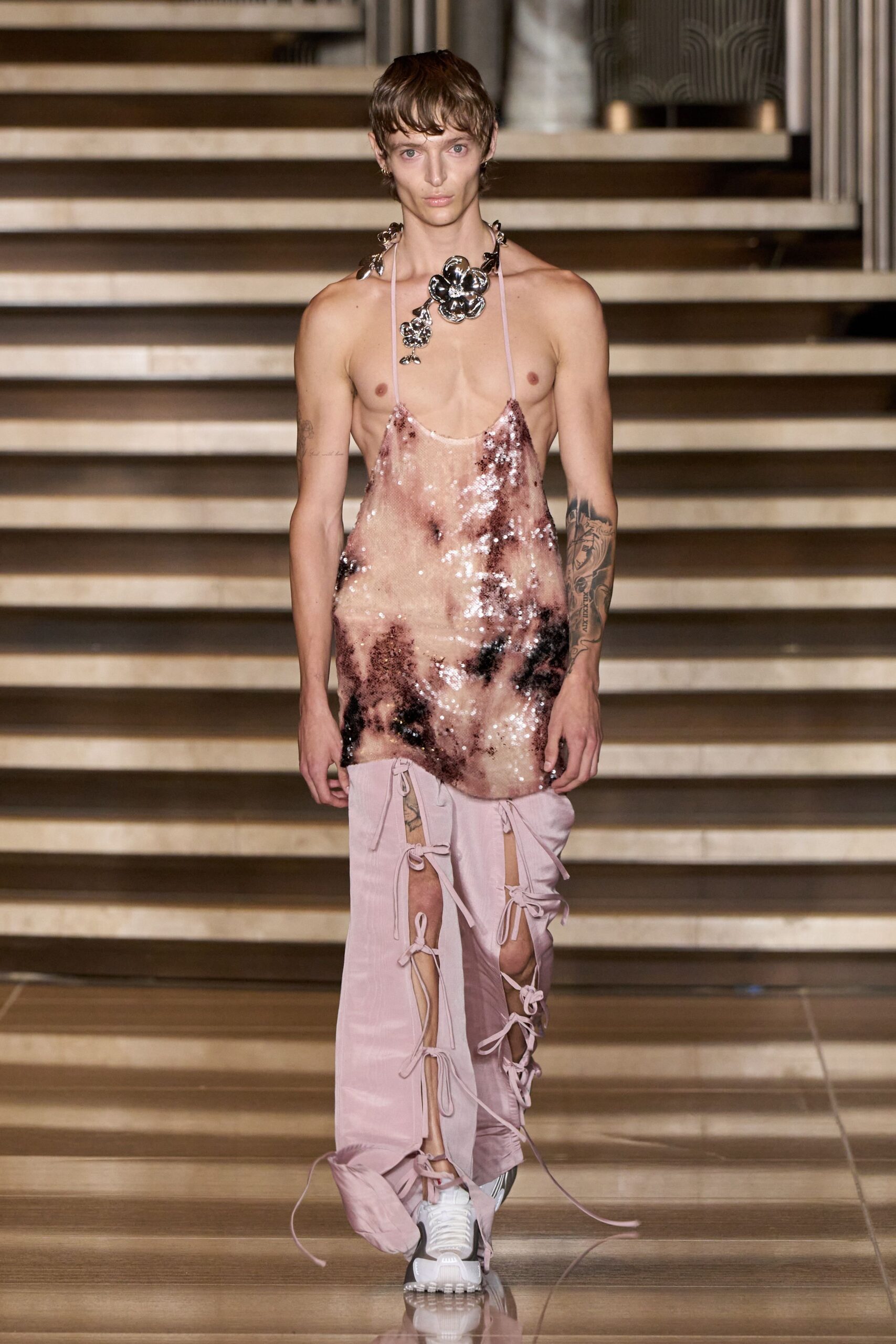 pink sequin sleeveless v-neck fitted draped shiny top