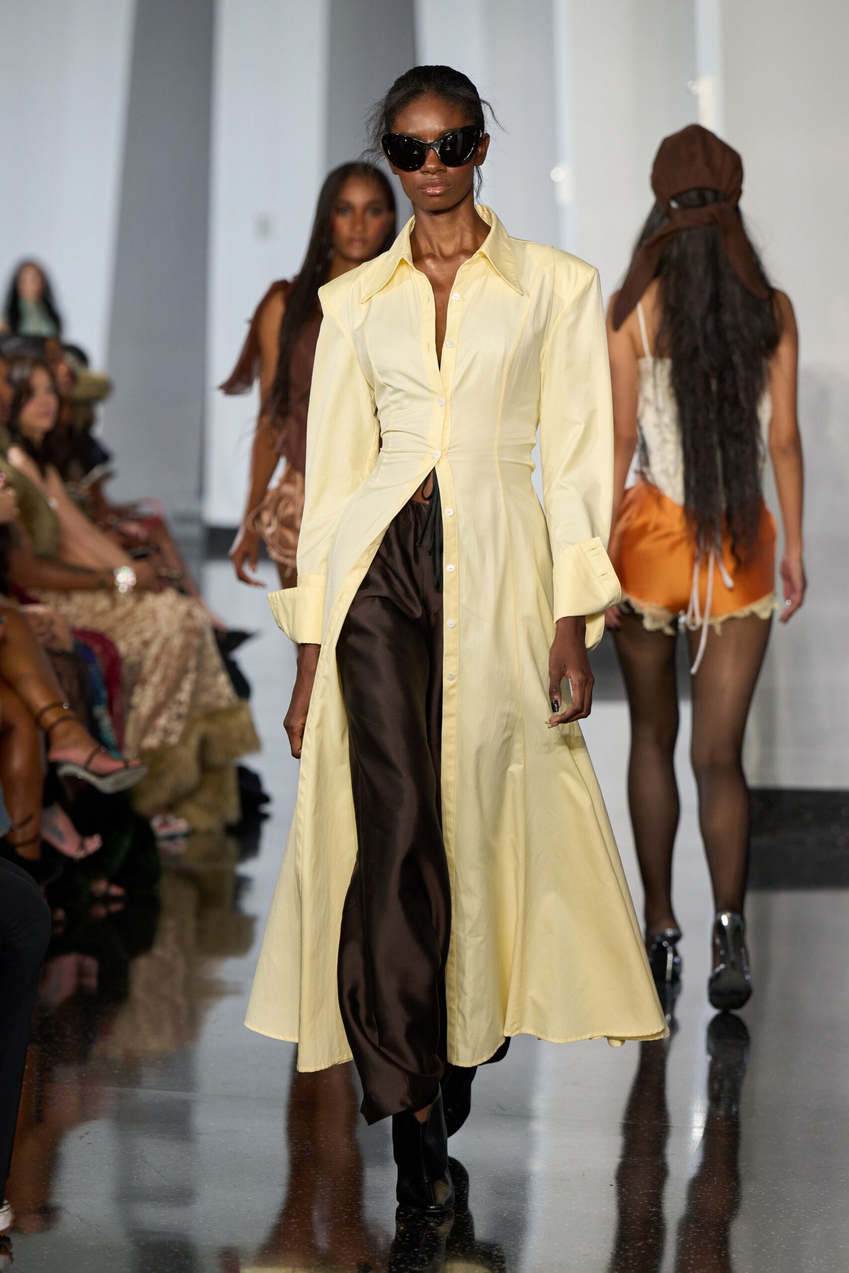 yellow cotton long-sleeve collared fitted buttoned tiered shirt-dress
