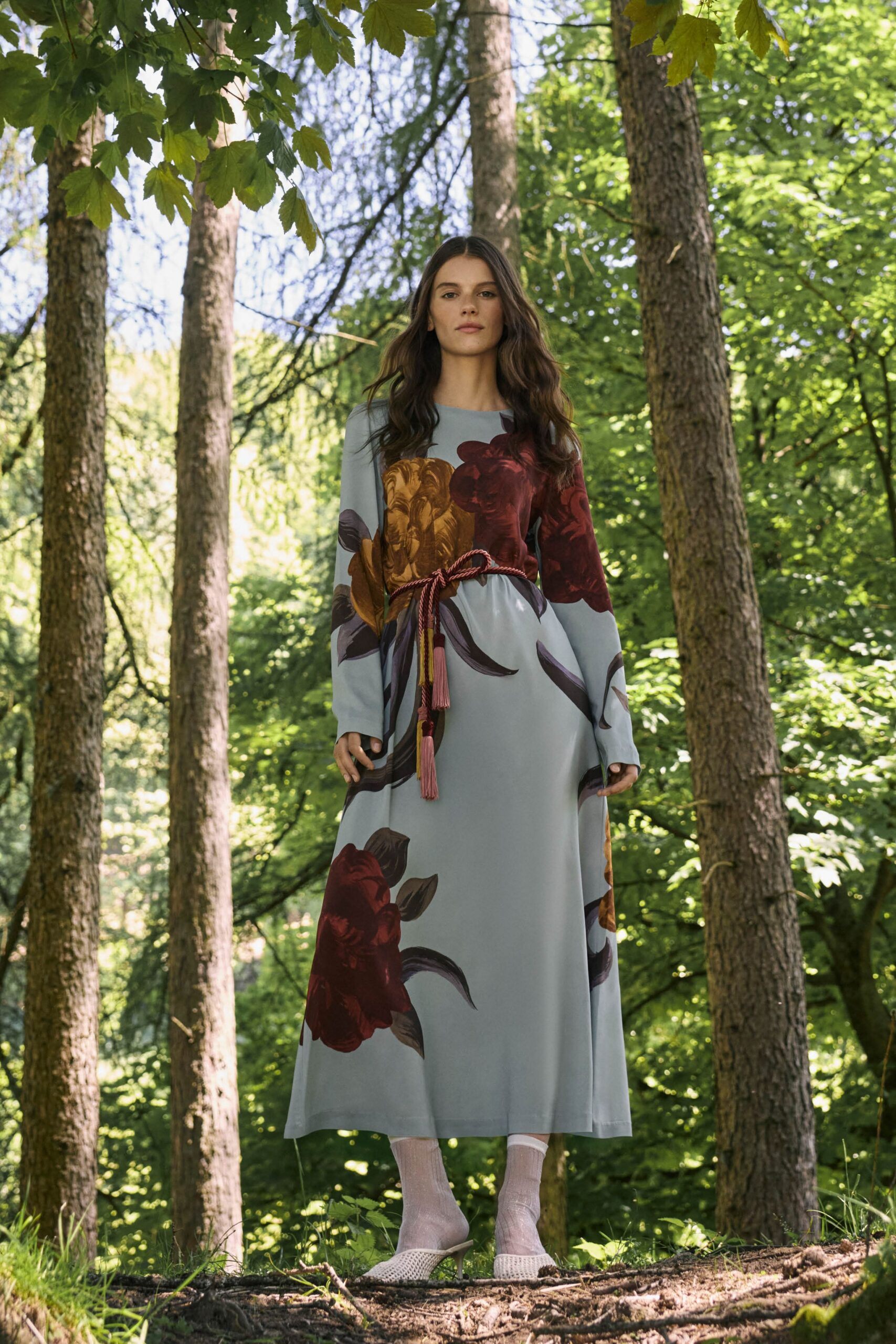 blue silk long-sleeve collared relaxed floral tiered dress