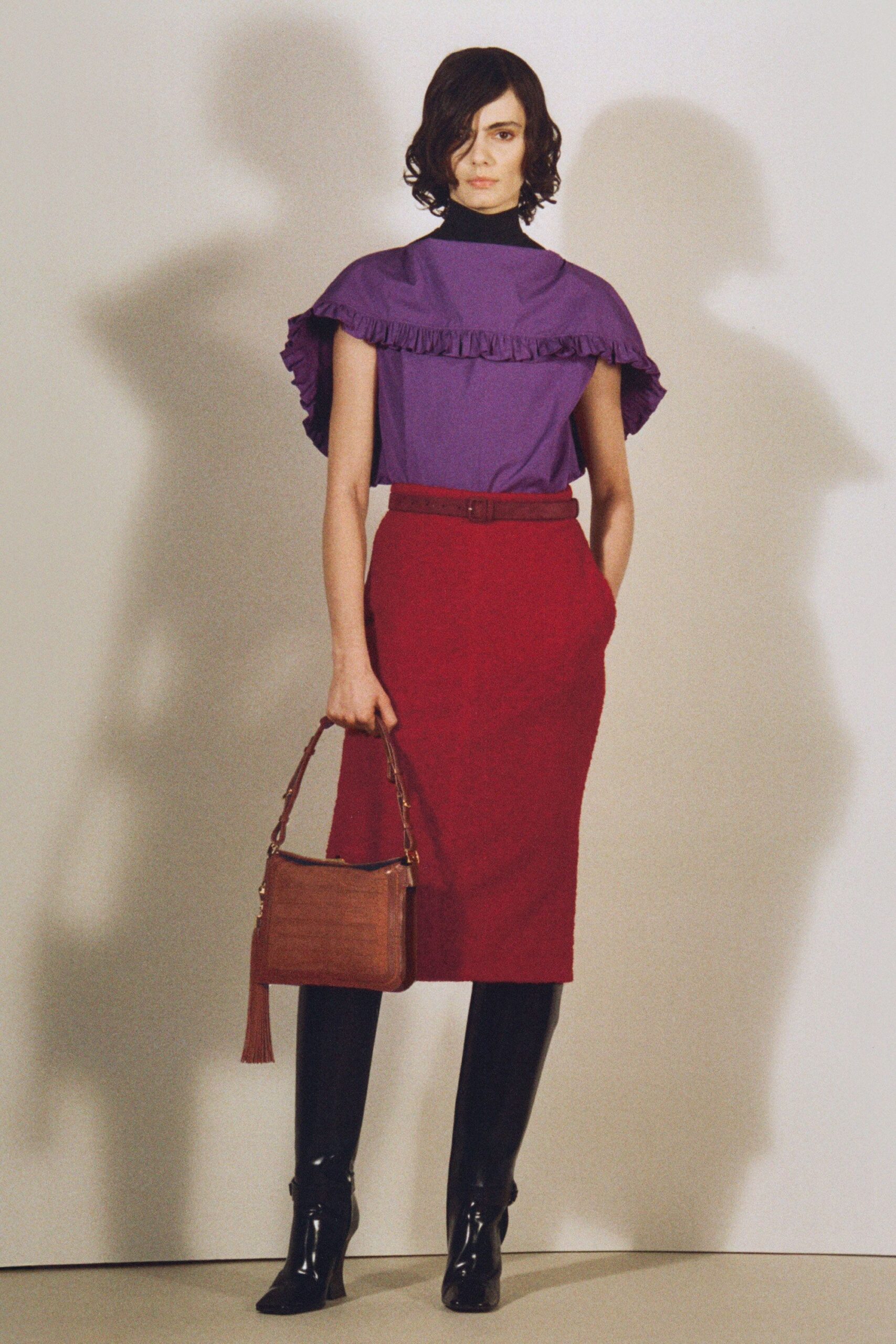 red fitted pencil midi skirt