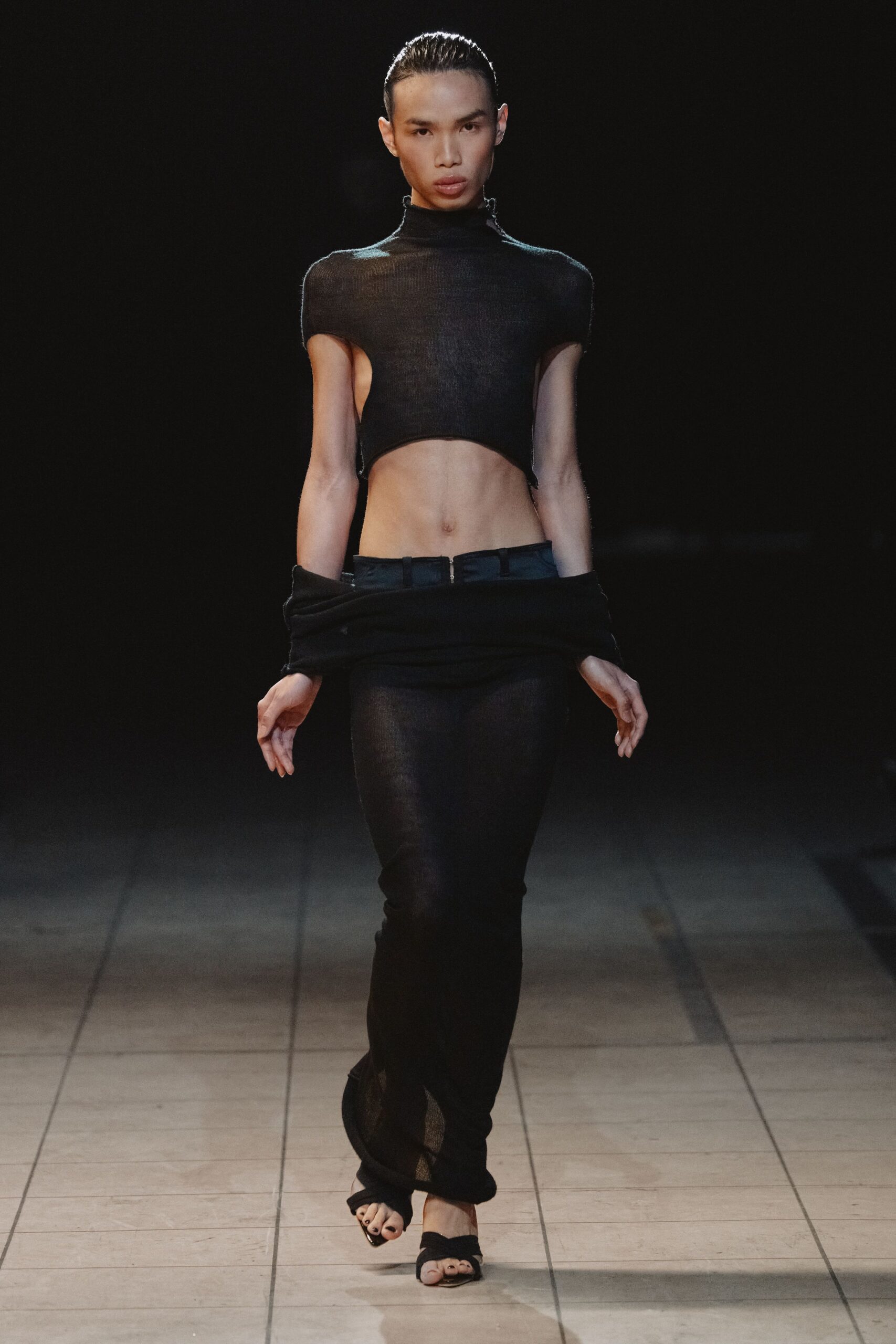 black mesh long-sleeve slit fitted sheer maxi skirt