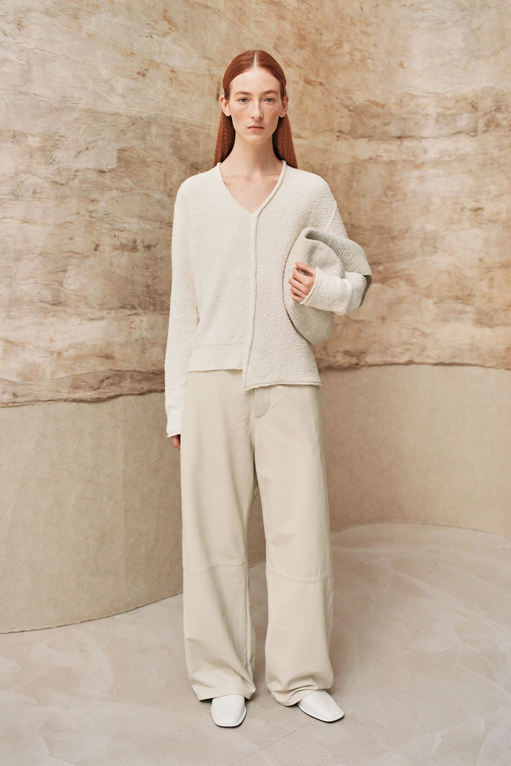 white cotton long-sleeve v-neck relaxed cardigan