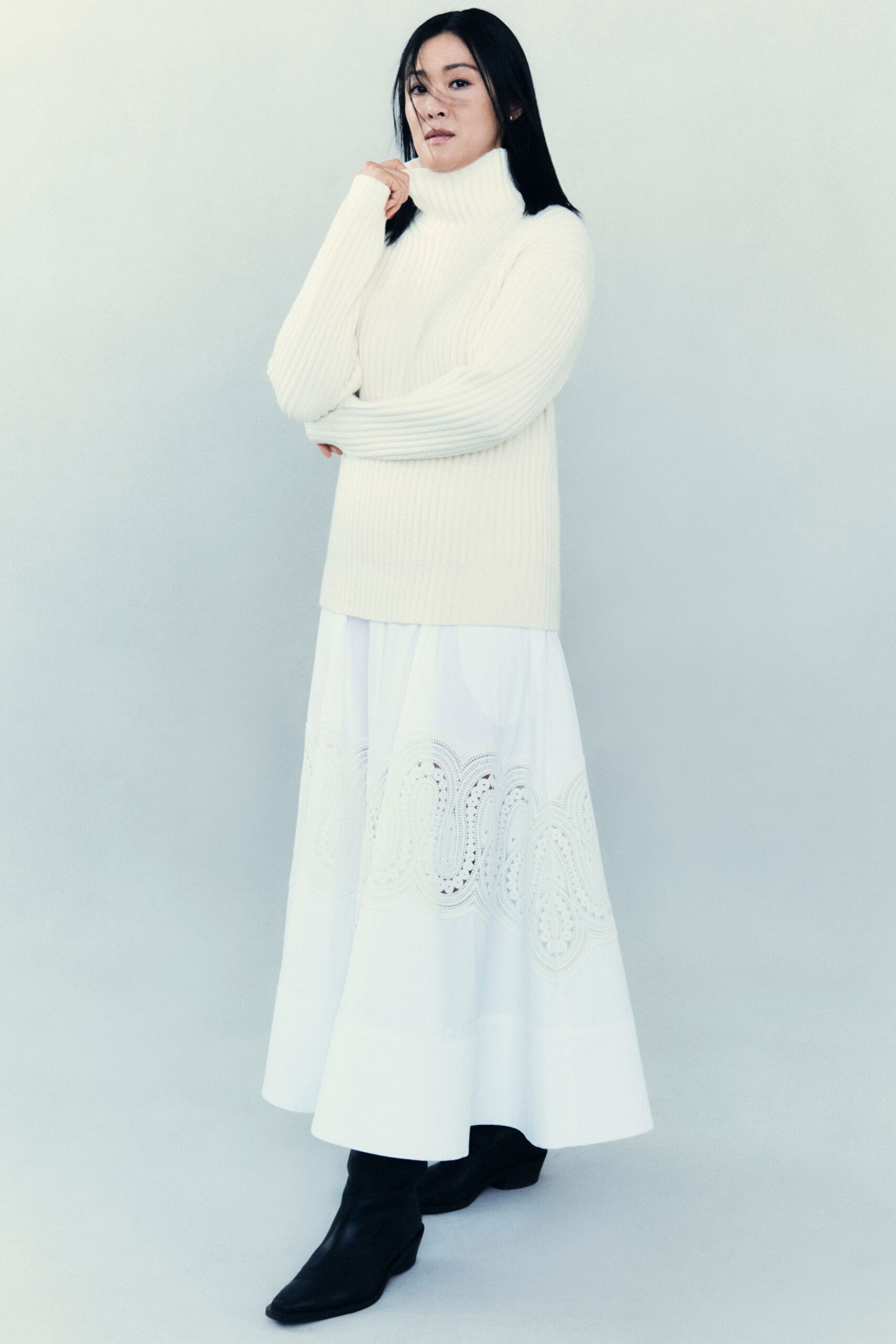white cotton fitted a-line embroidered maxi skirt