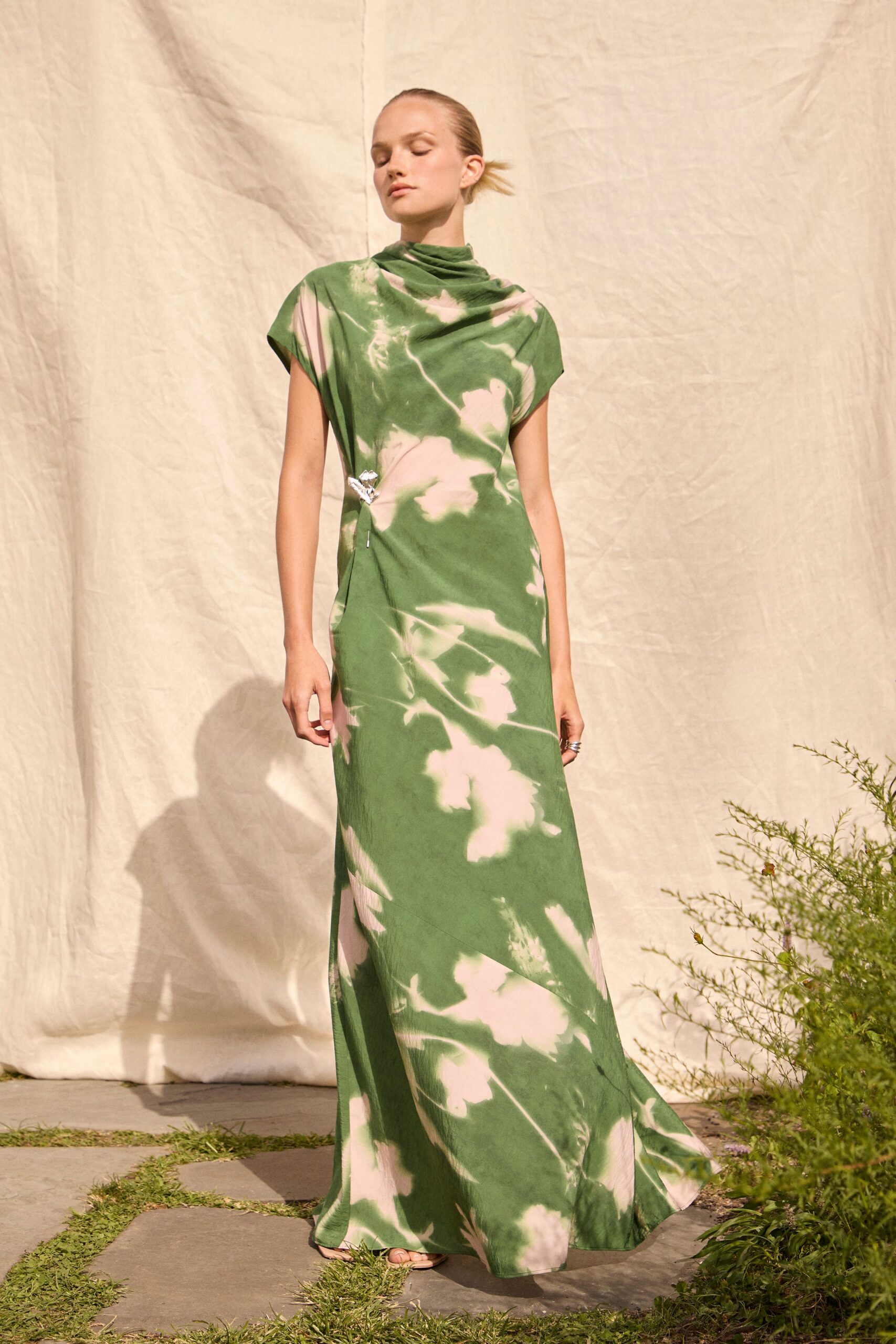 green floral silk gown