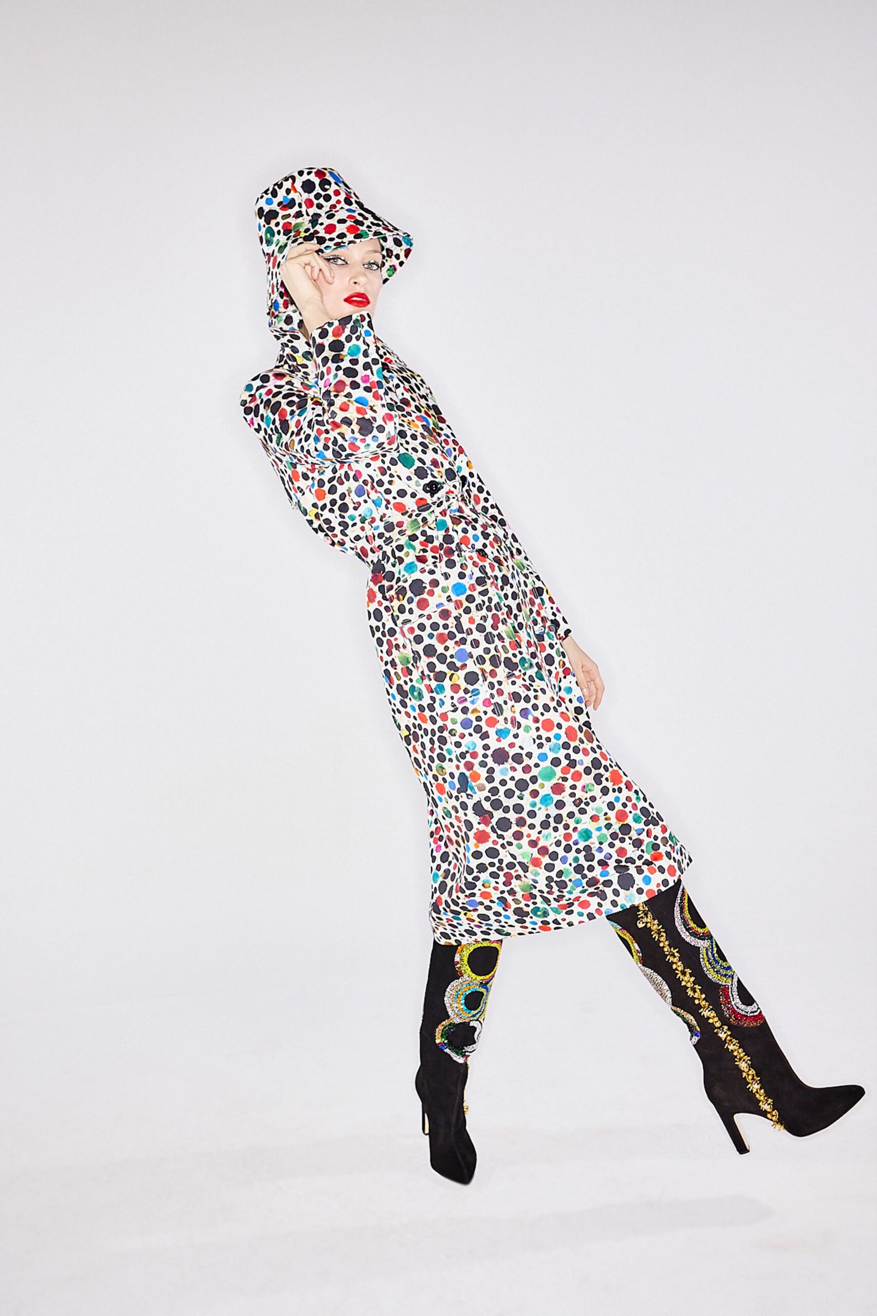 multi cotton long-sleeve collared fitted printed midi dress