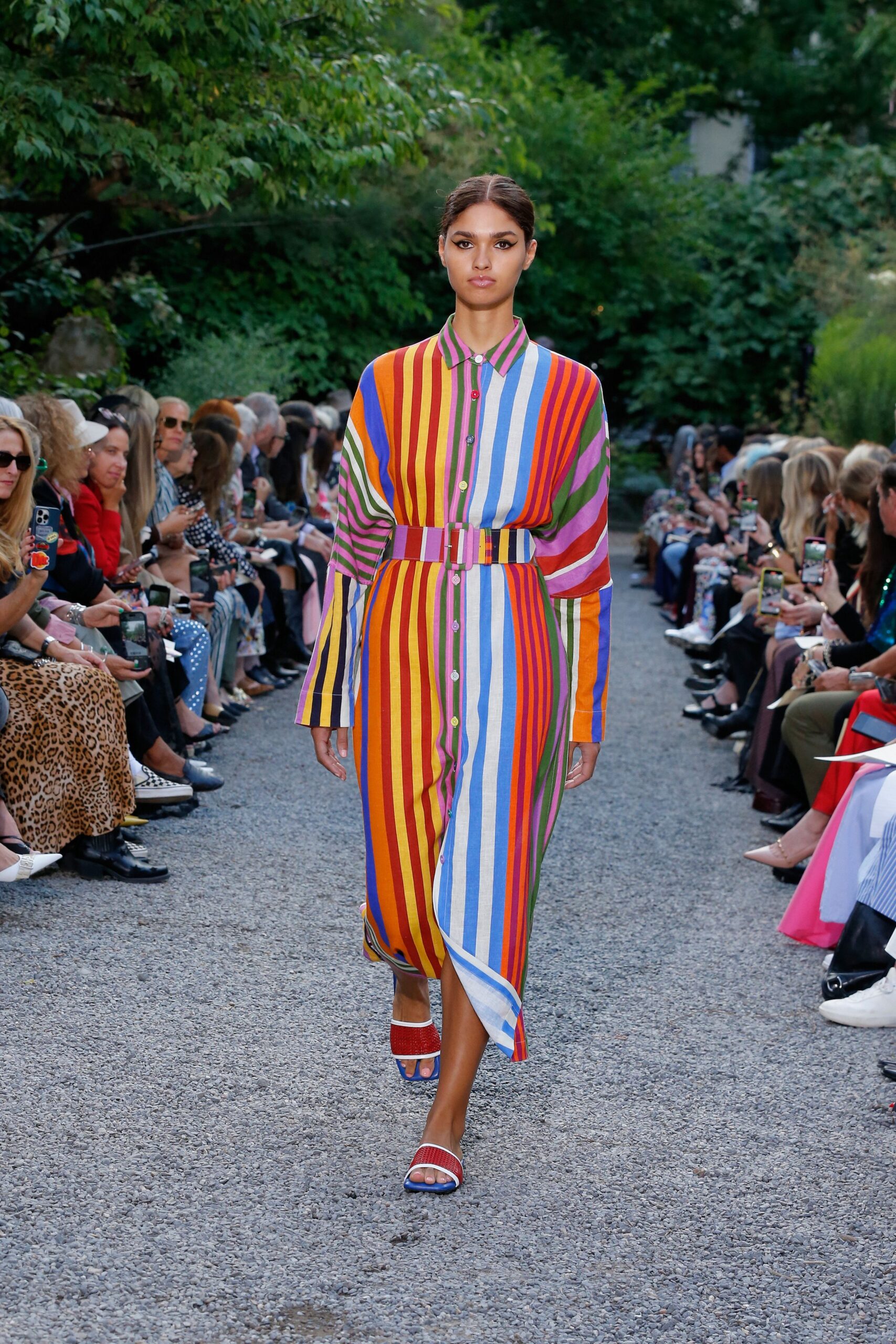 multi-striped shirt-dress with sandals