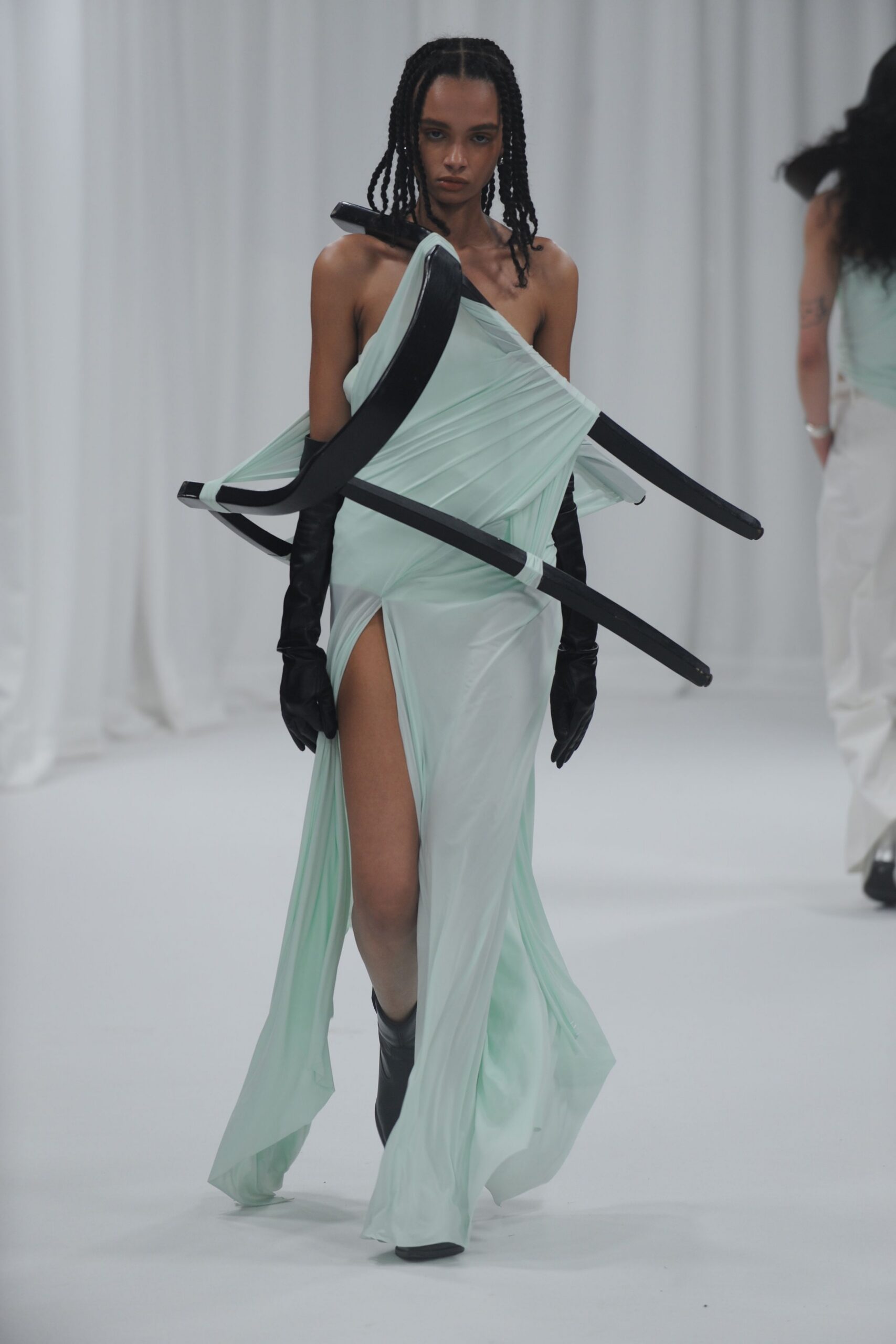 green silk sleeveless v-neck fitted draped flowing dress