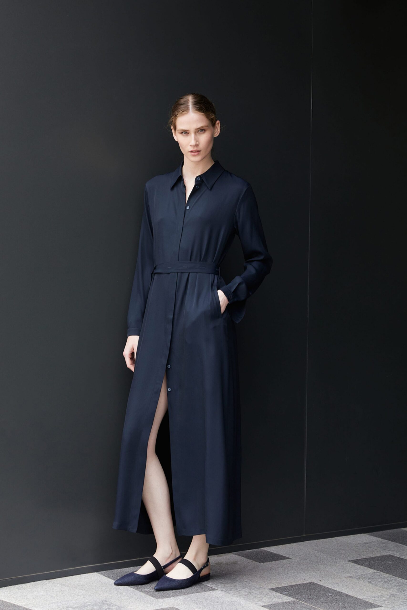 blue silk long-sleeve collared fitted buttoned belted shirt-dress