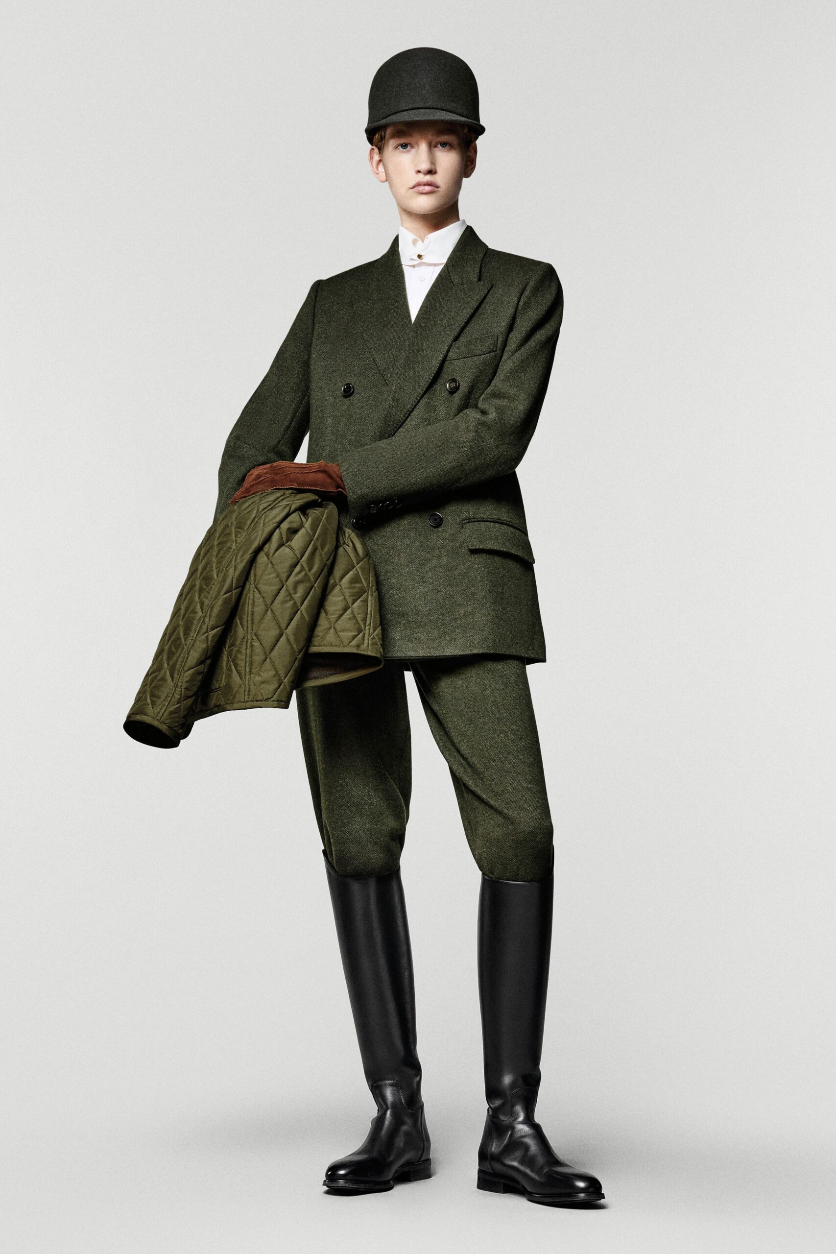 green wool tailored straight-leg pants