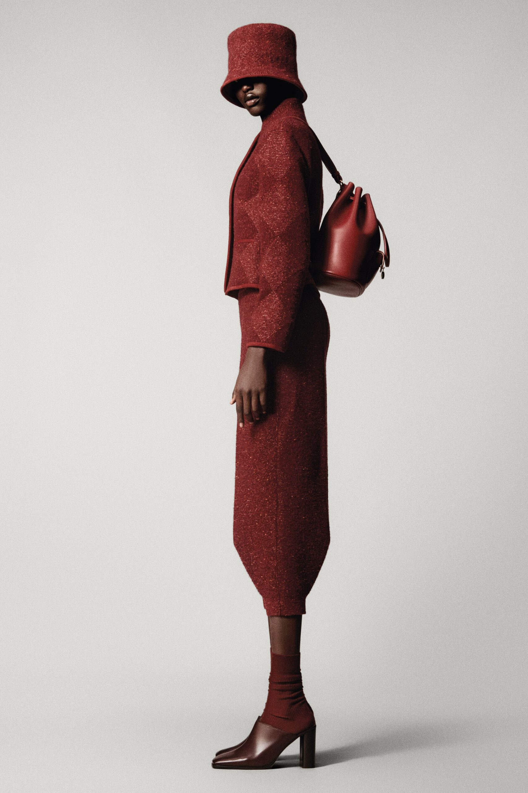 red wool long-sleeve high-neck fitted pencil midi dress