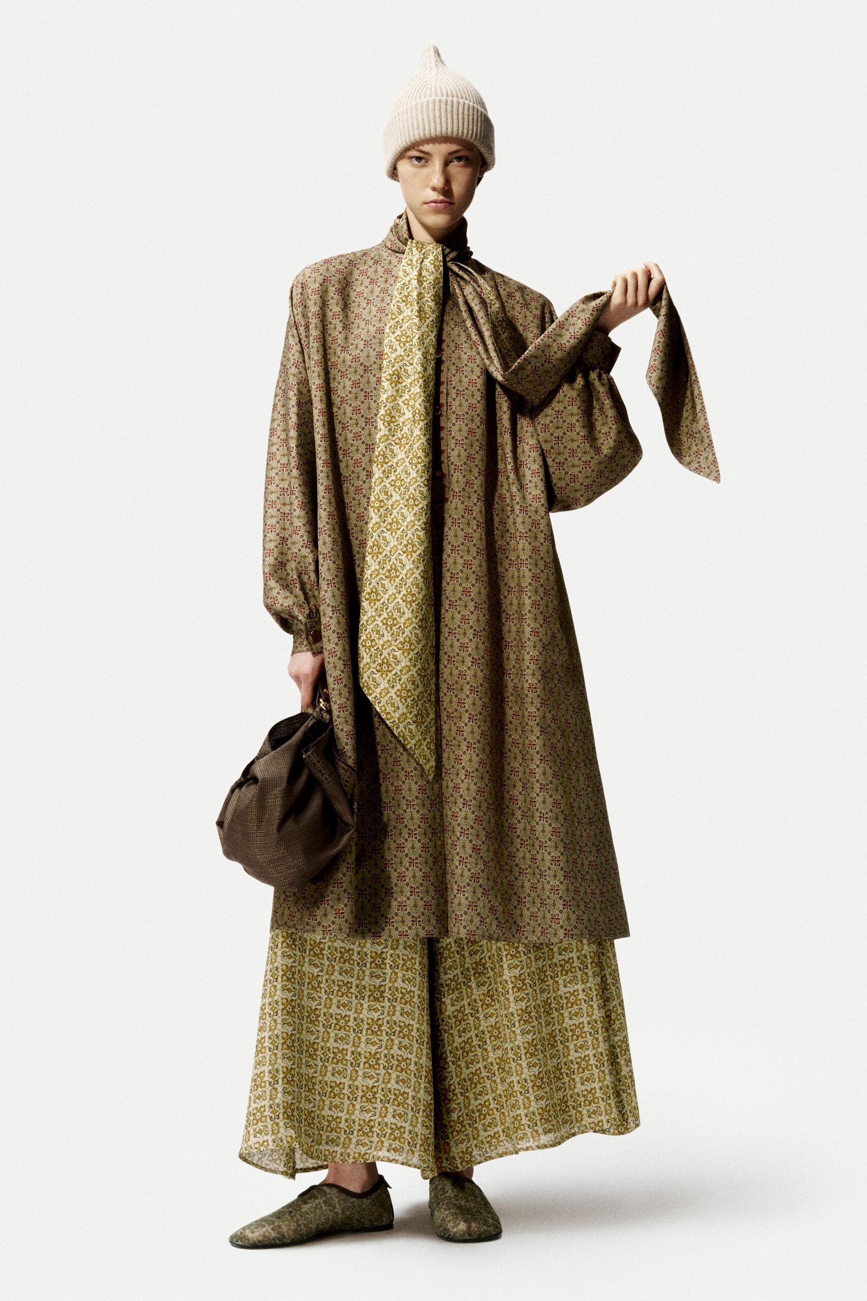 brown cotton long-sleeve collared relaxed printed tiered dress