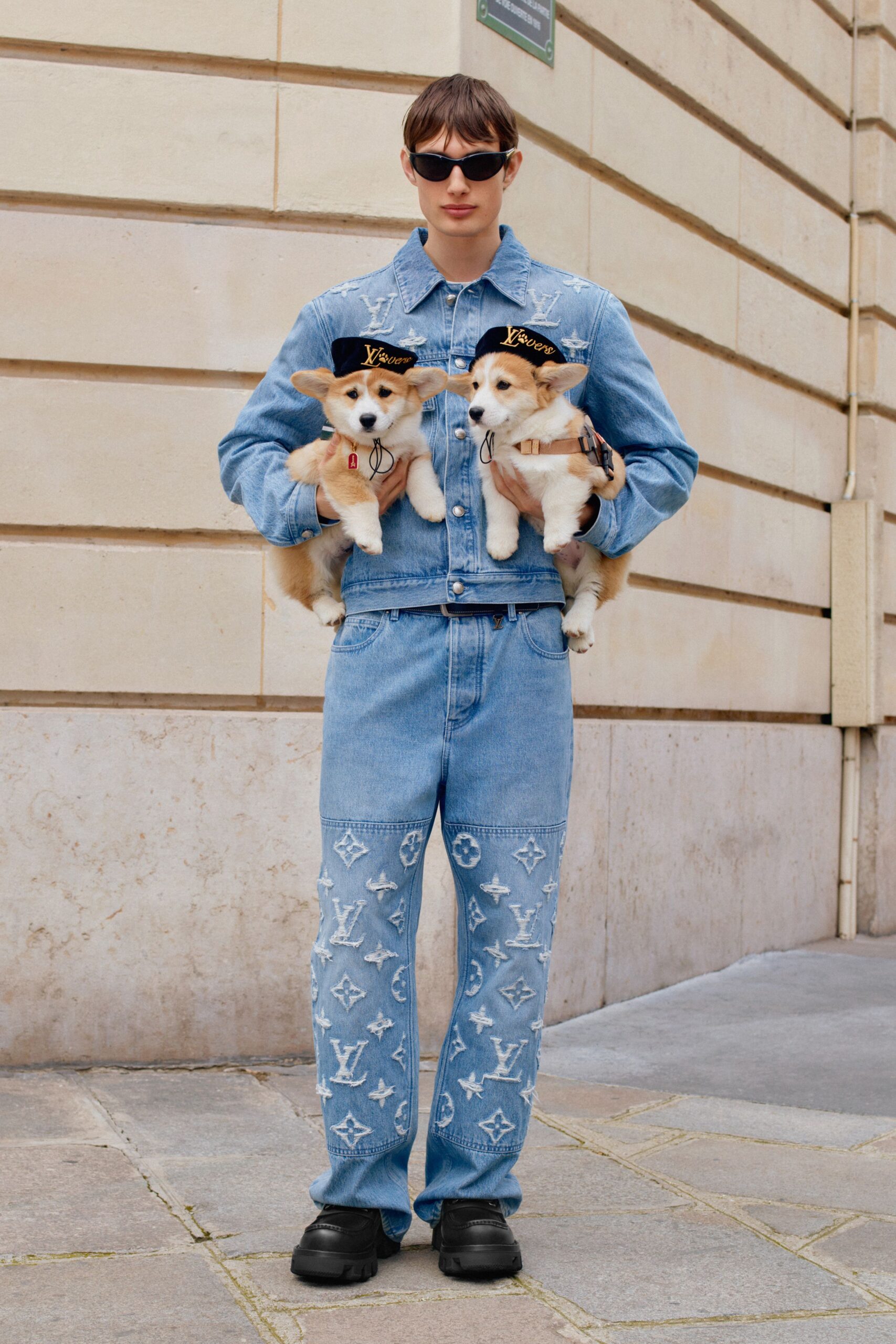 blue denim relaxed printed pants