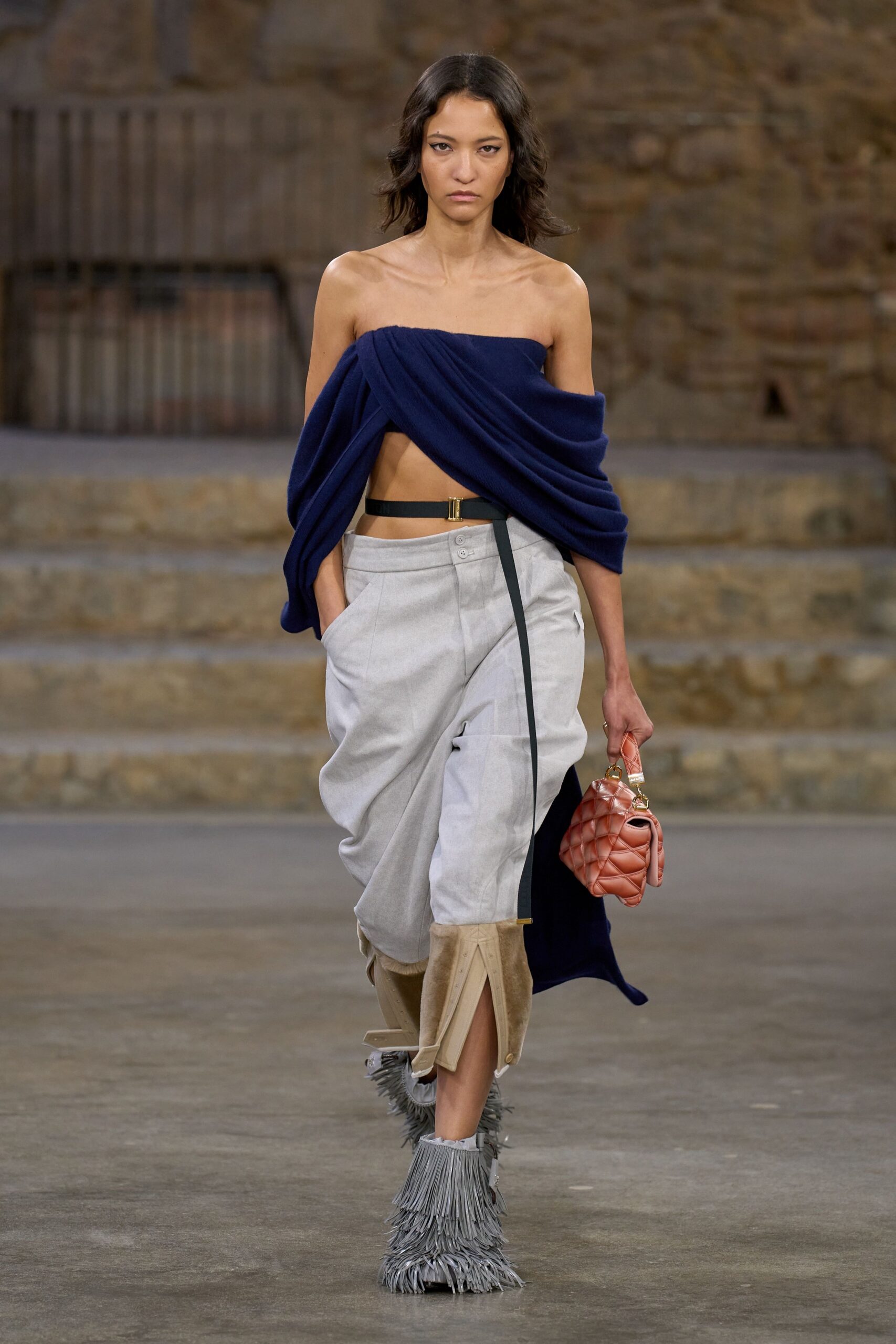 blue cotton sleeveless off-shoulder fitted draped top