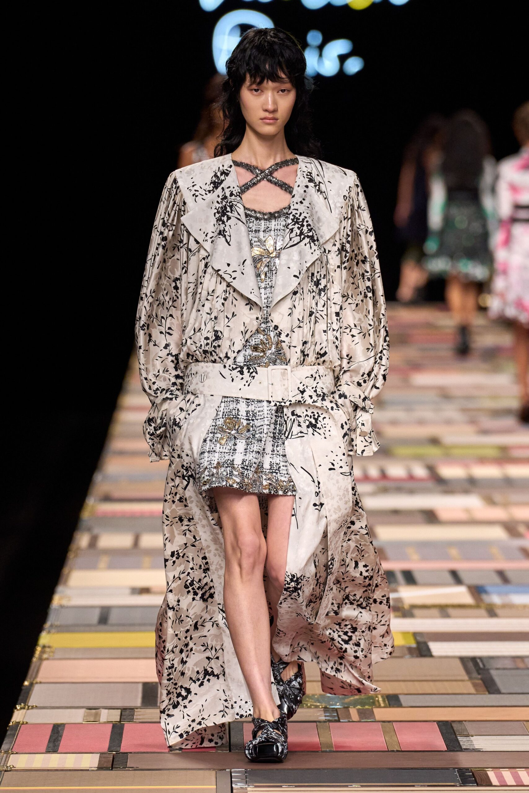 beige silk long-sleeve collared relaxed floral layered dress