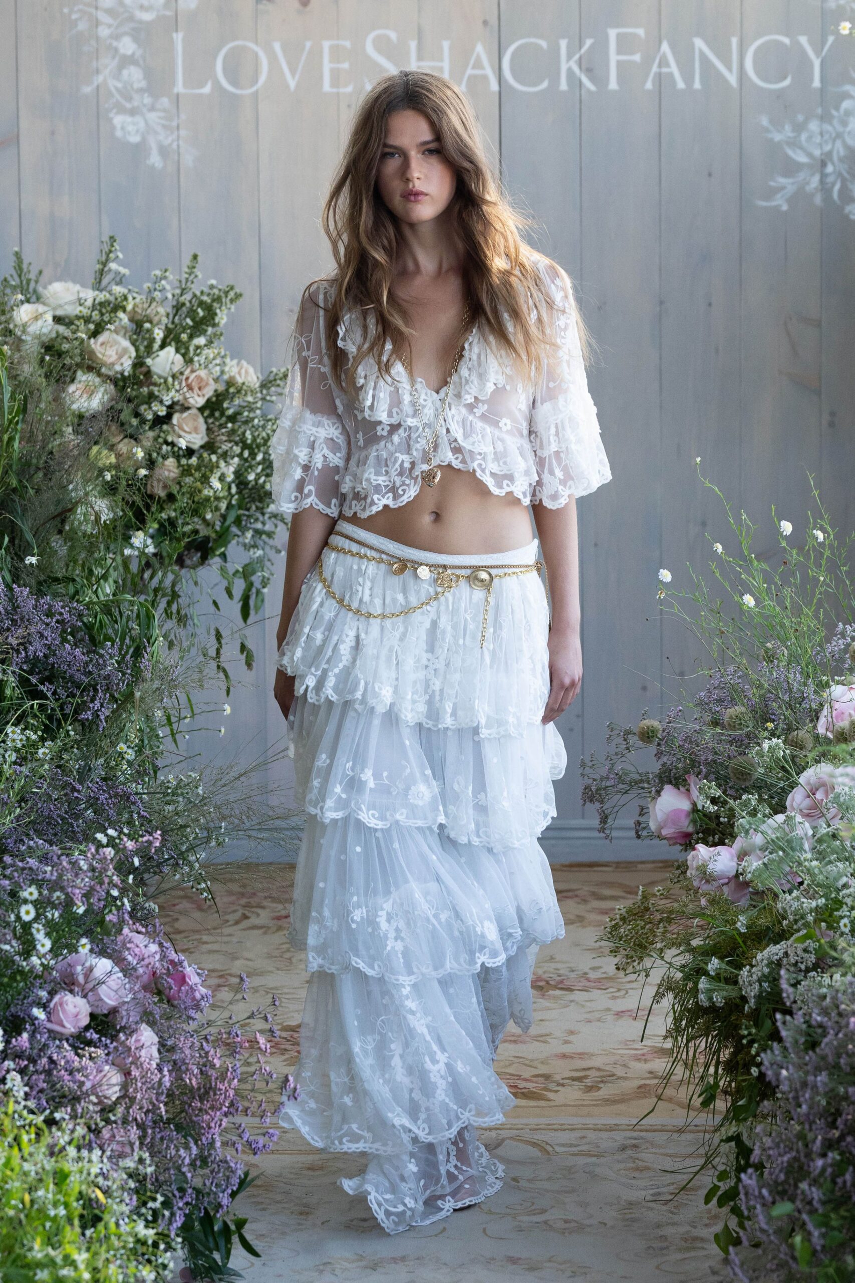 white lace fitted tiered flowing maxi skirt