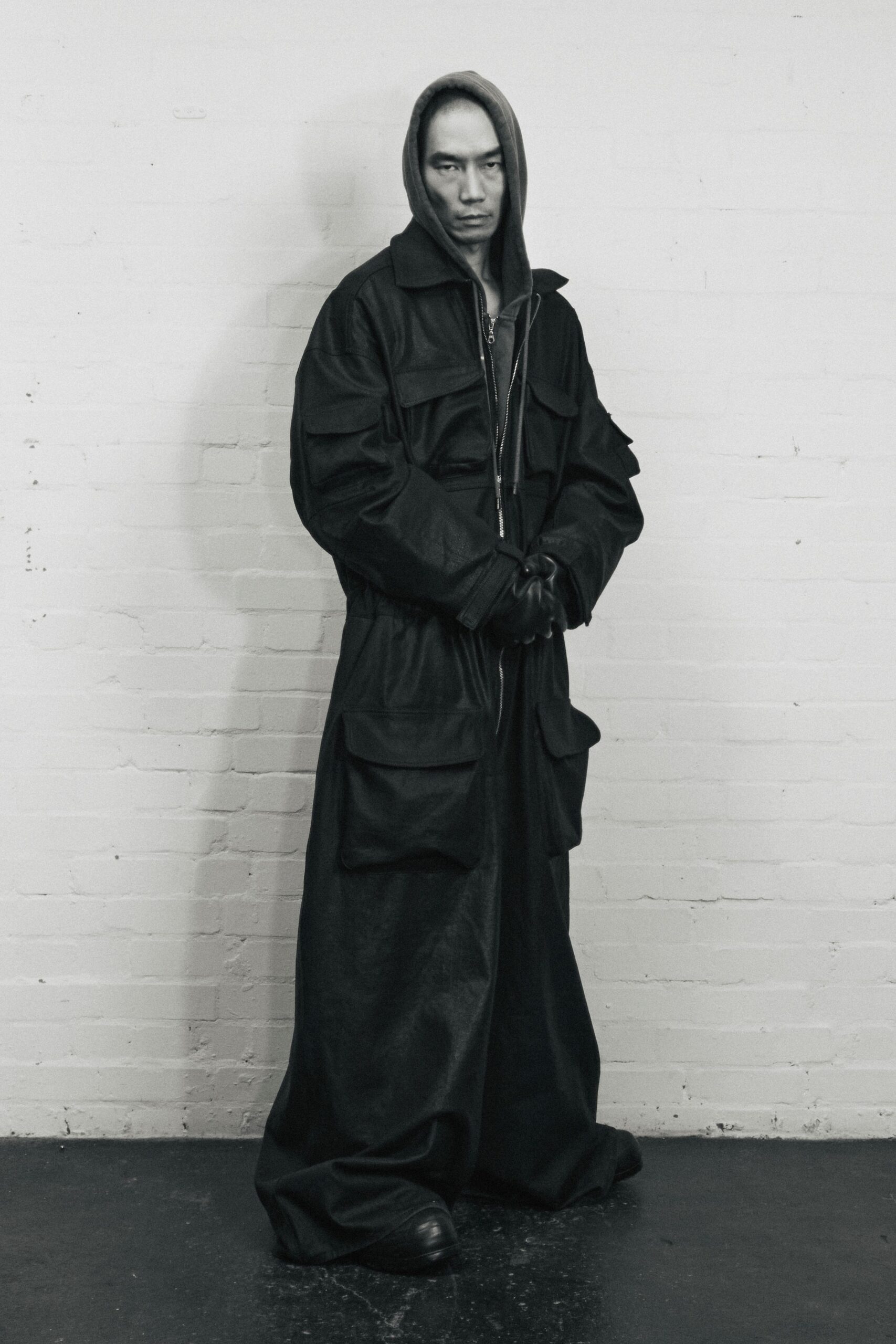 black denim hooded jumpsuit