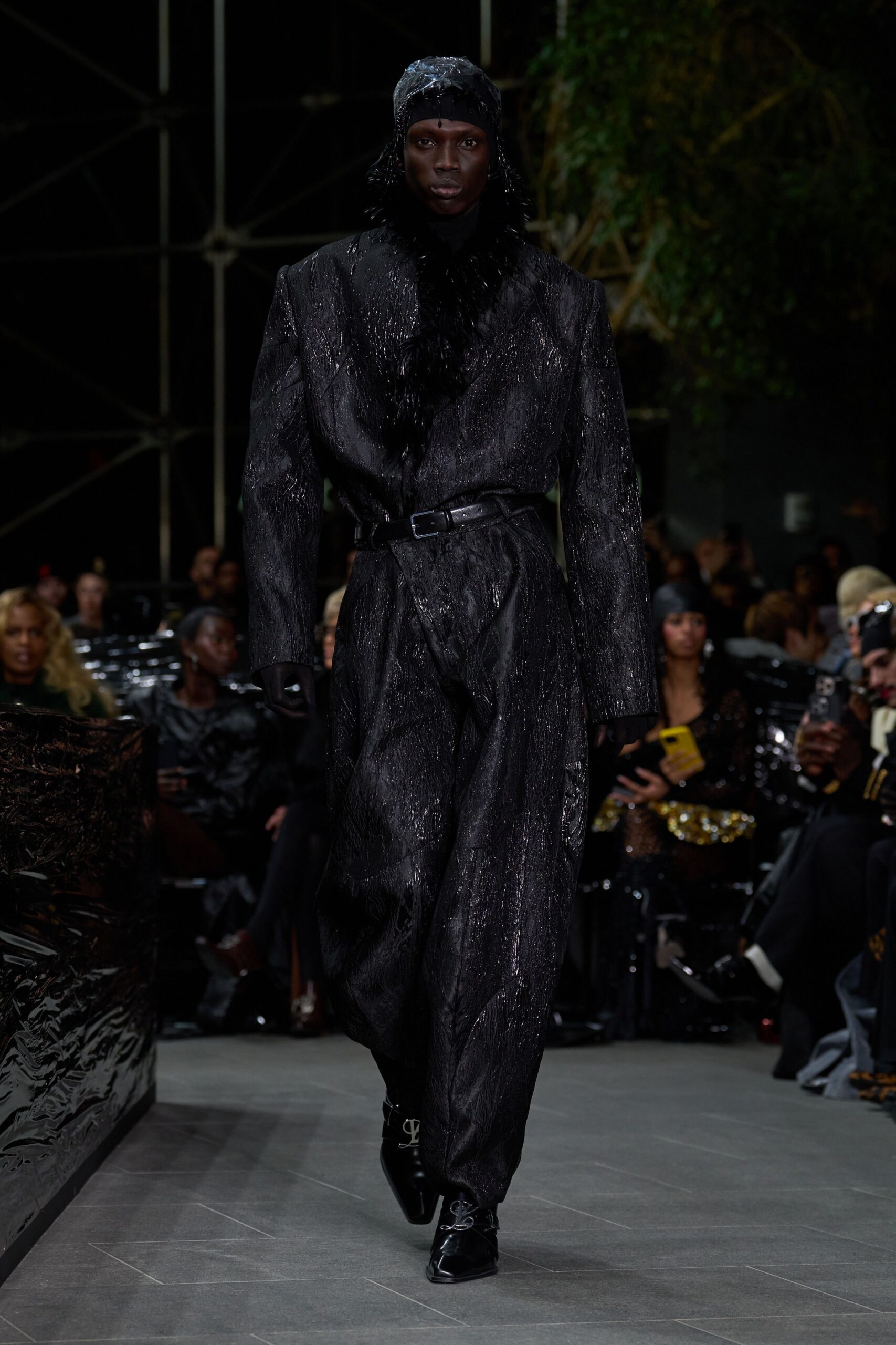 black silk long-sleeve collared relaxed zippered pockets jumpsuit