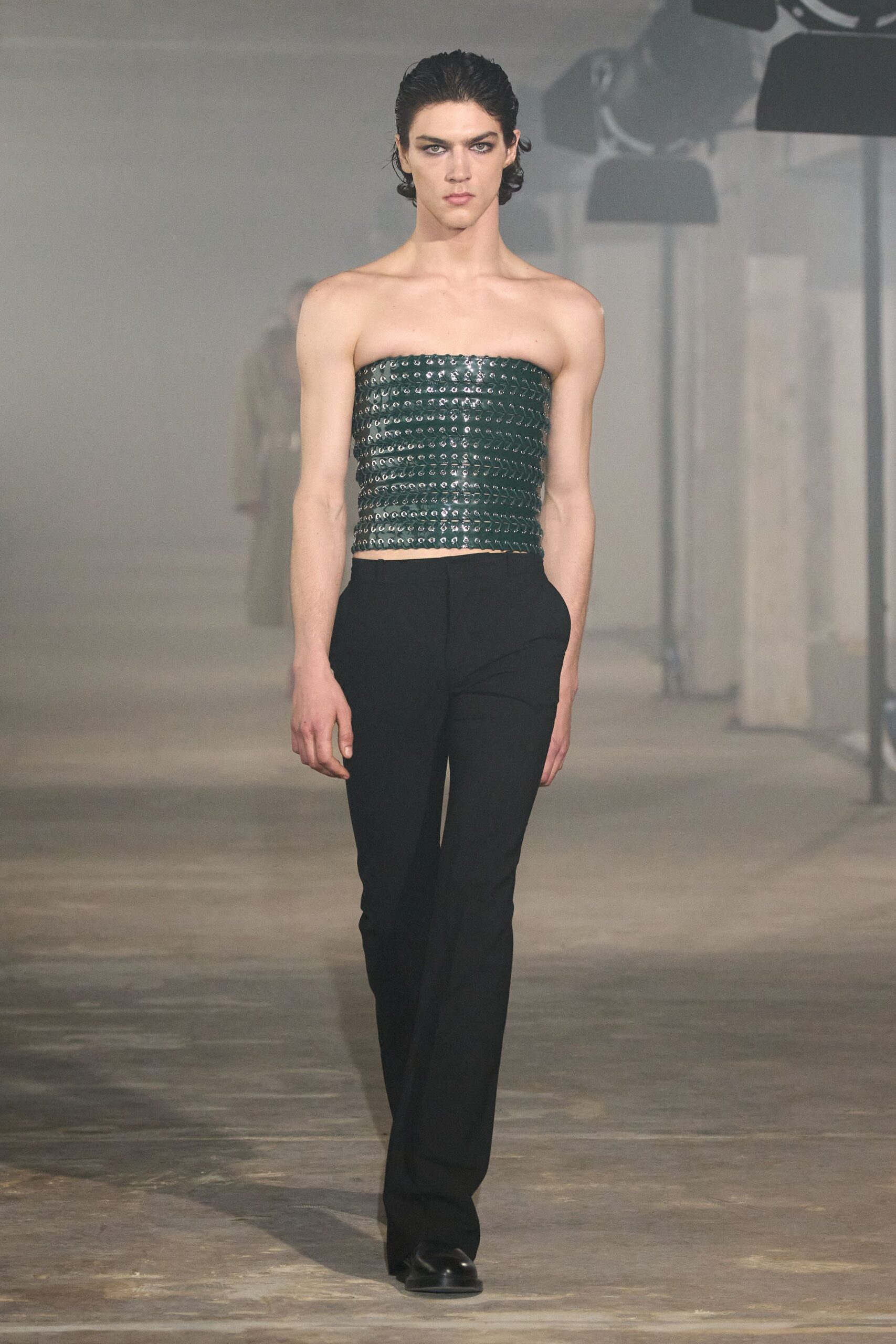 green leather strapless fitted embellished top