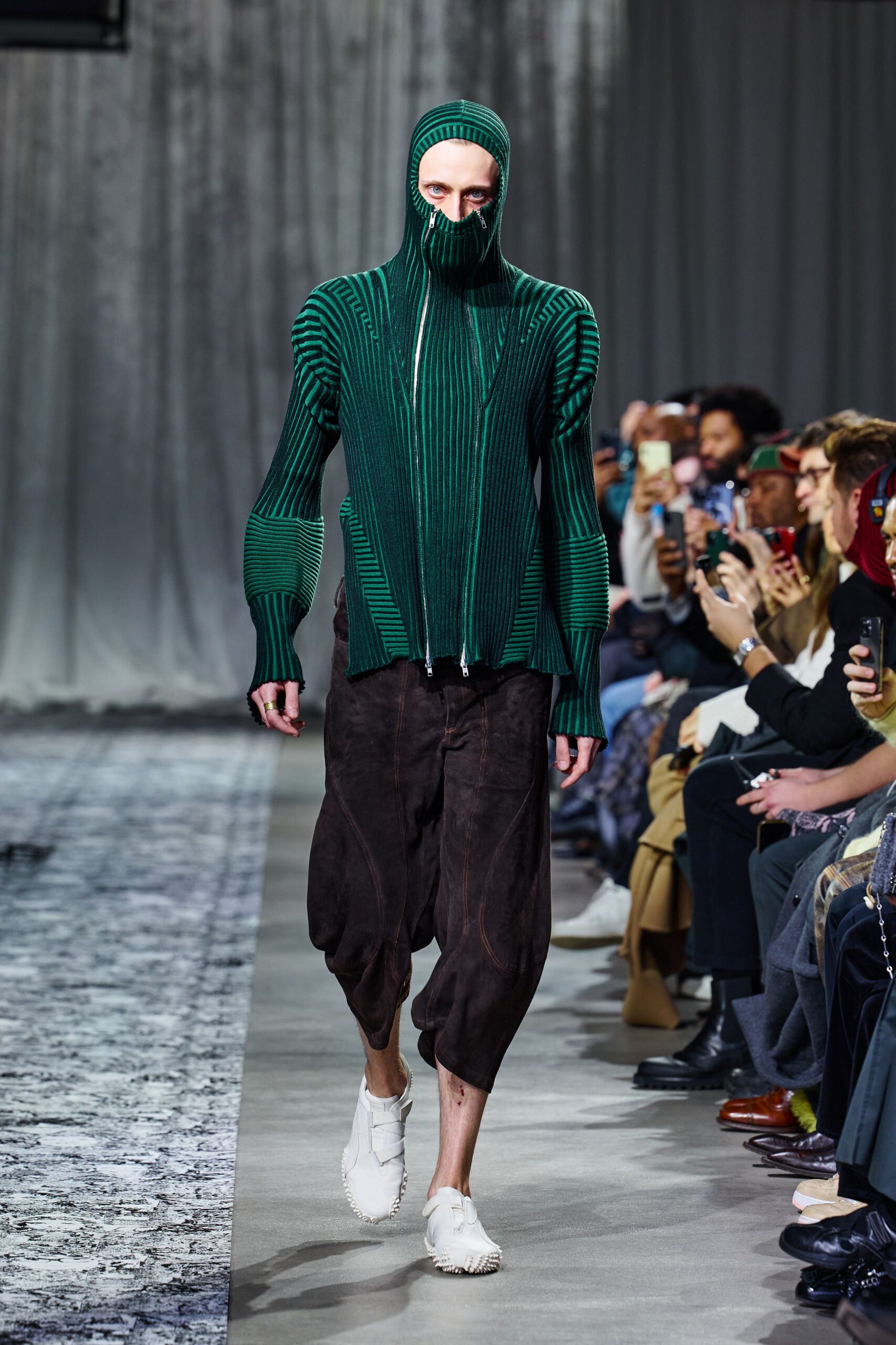 green cotton long-sleeve high-neck fitted ribbed hoodie