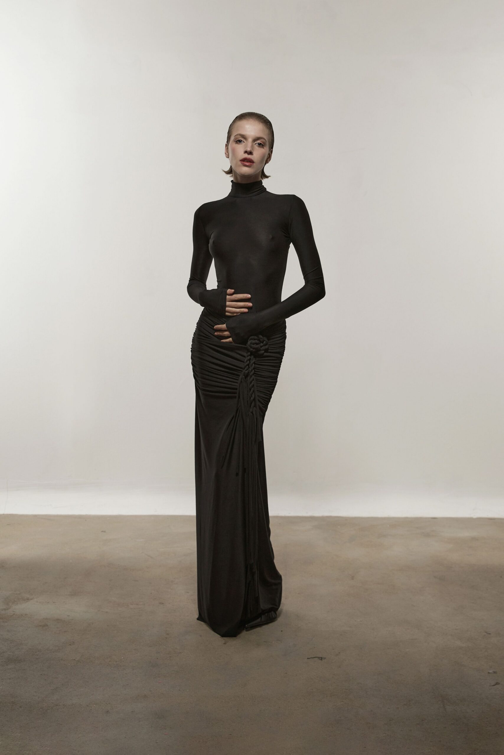 black silk fitted gown