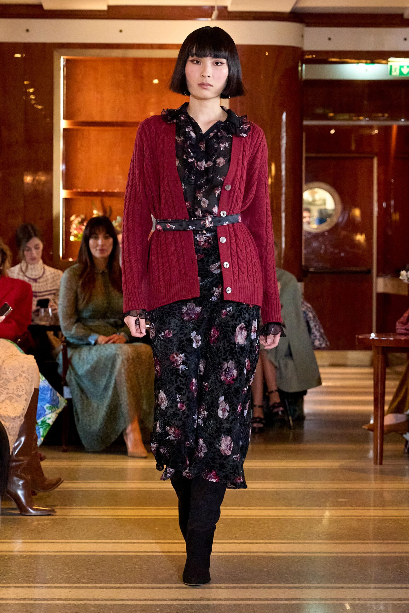 red wool long-sleeve collared fitted cardigan