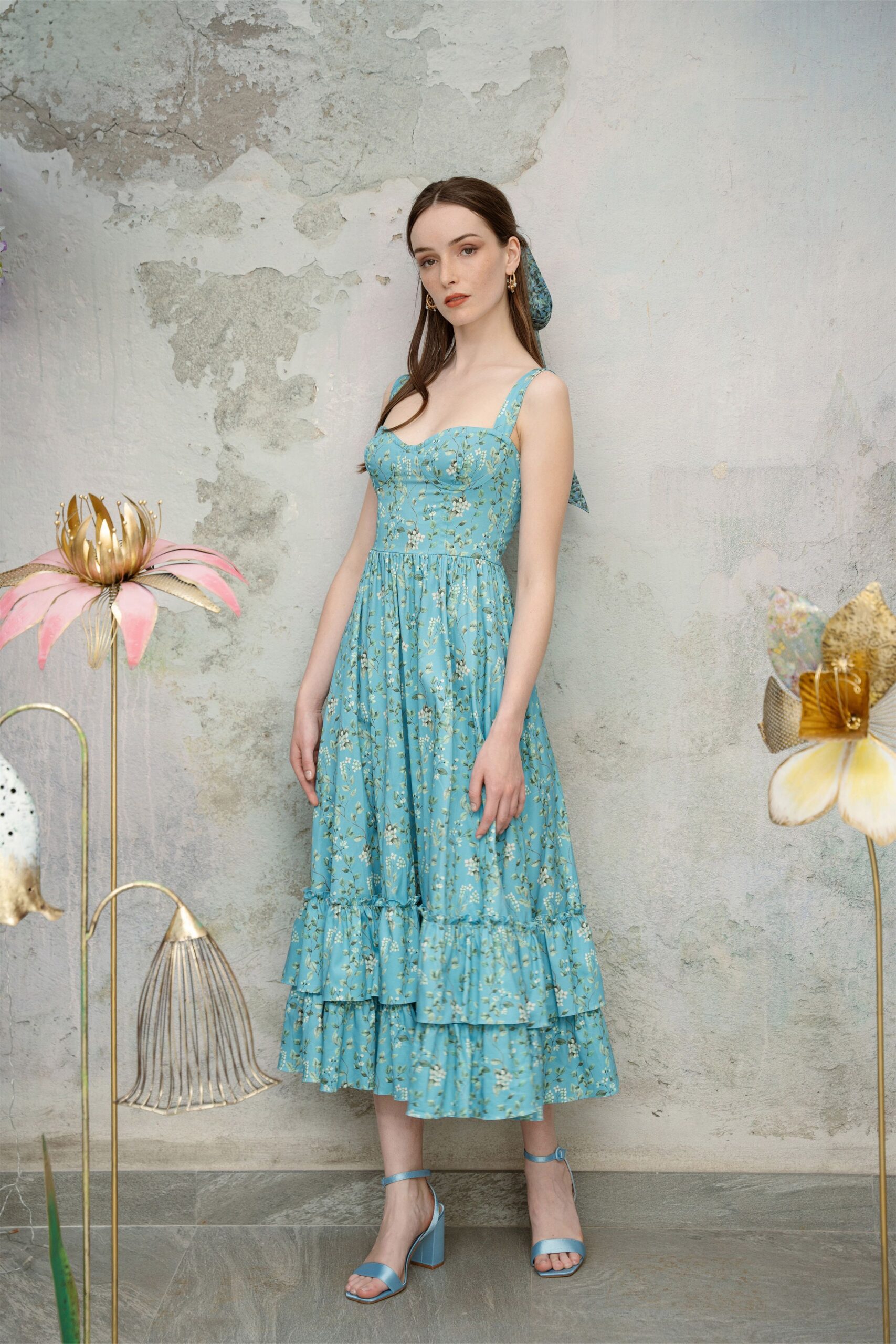 blue cotton sleeveless v-neck fitted floral tiered dress