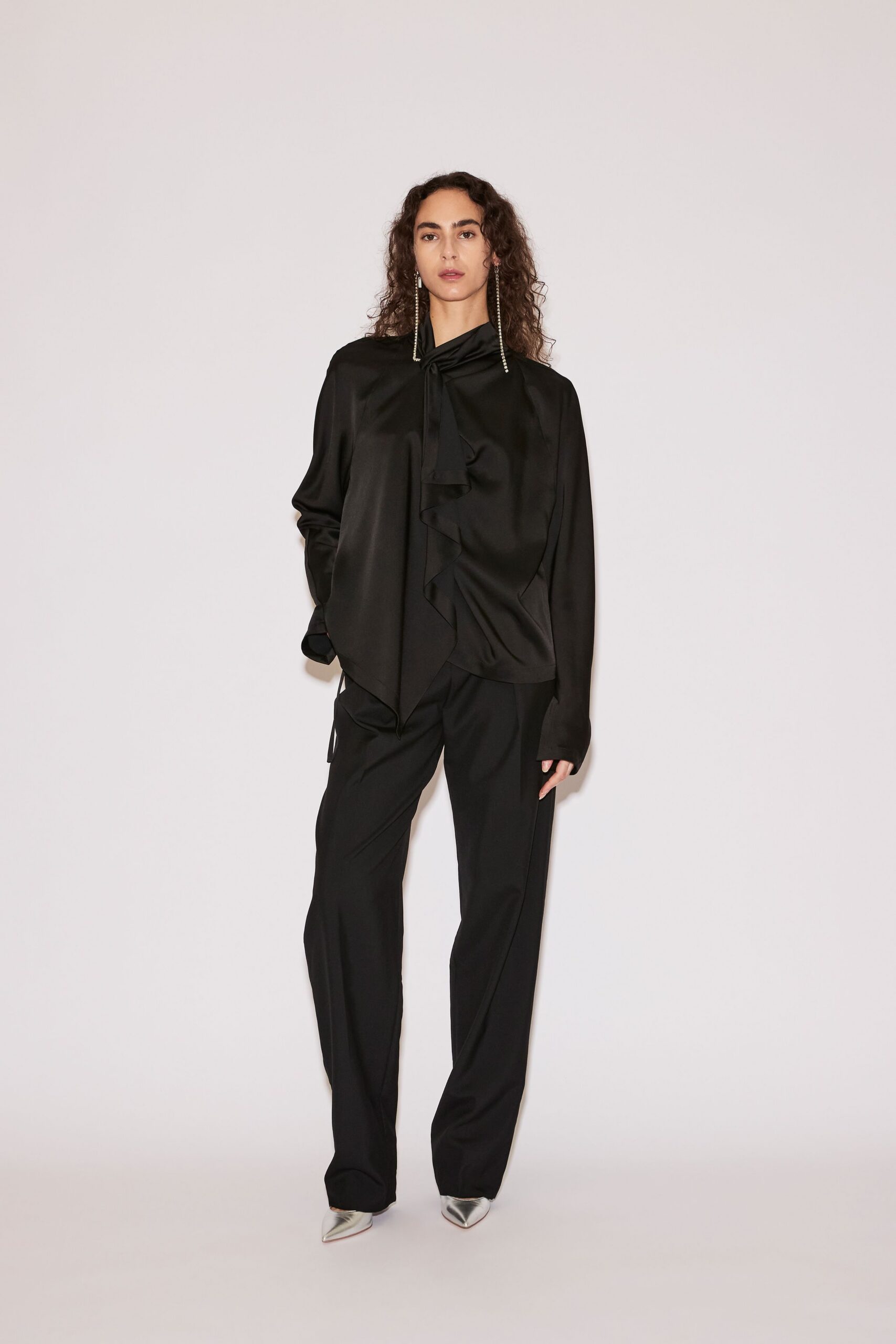 black silk long-sleeve collared relaxed ruffled blouse