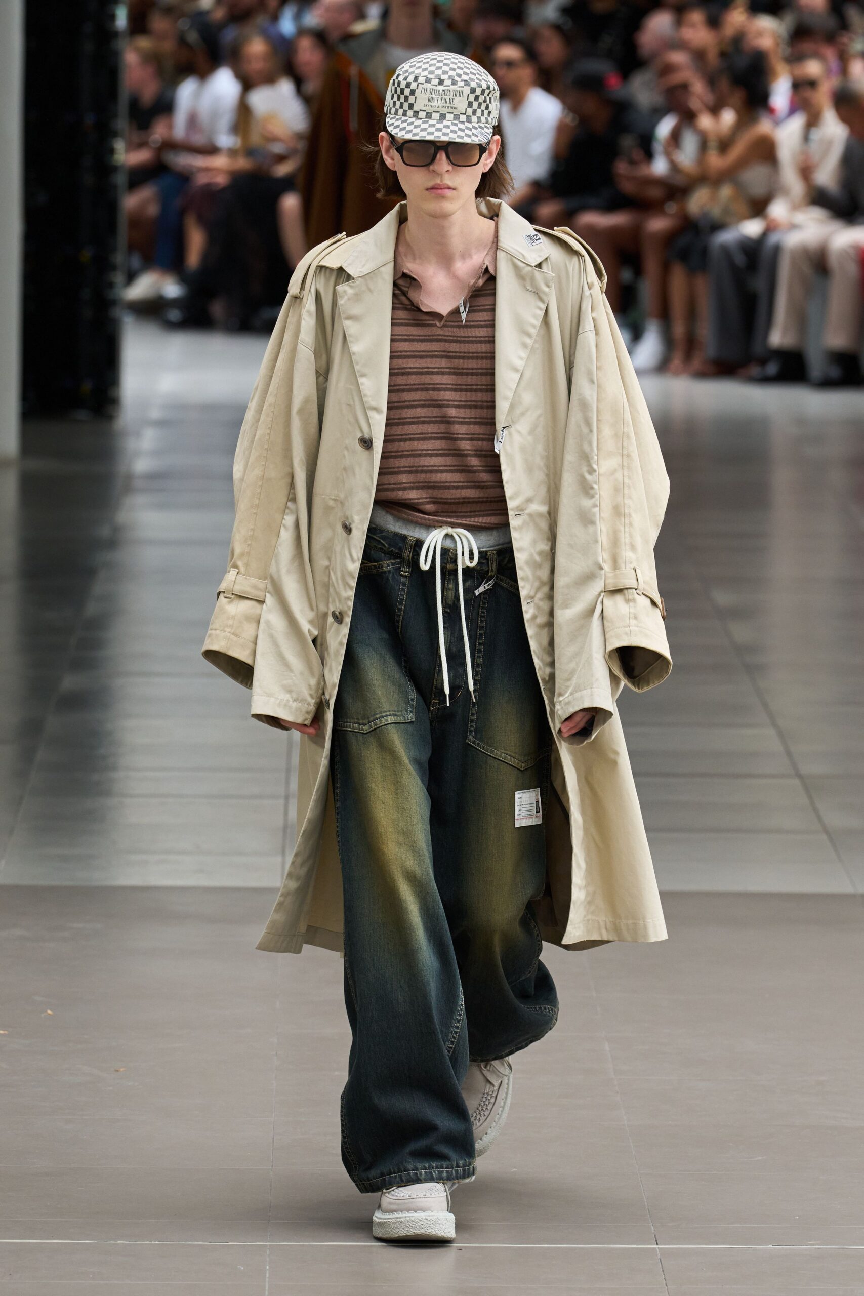 beige trench coat with brown shirt
